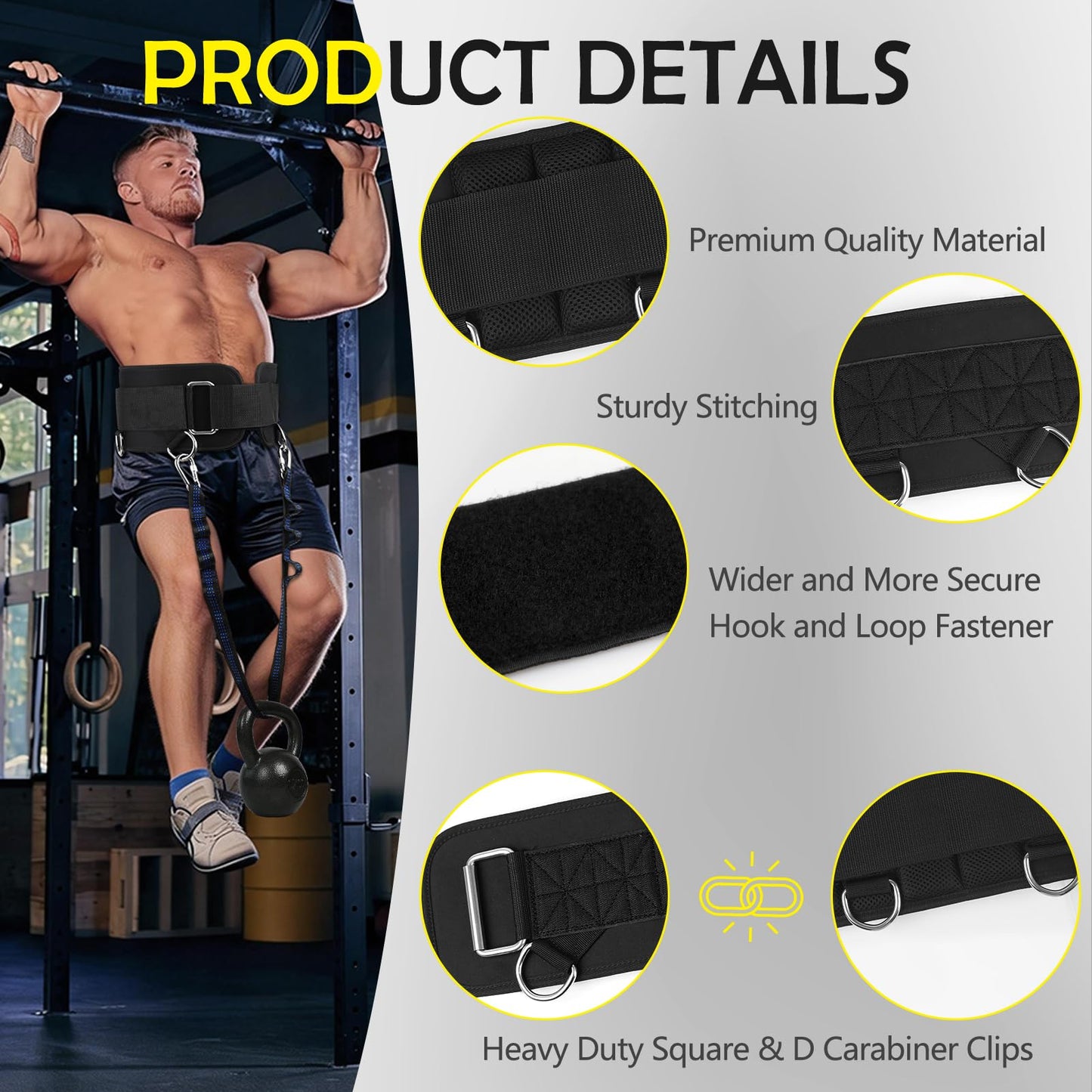 5 D-Rings Weightlifting Belt & Dip Belt with Adjustable 8- Loop 30.7" Nylon Strap, Weighted Gym Belts for Pull Up, Dips,Squat, Powerlifting & Deadlift, Weight Lifting Belt with Structured Back Support