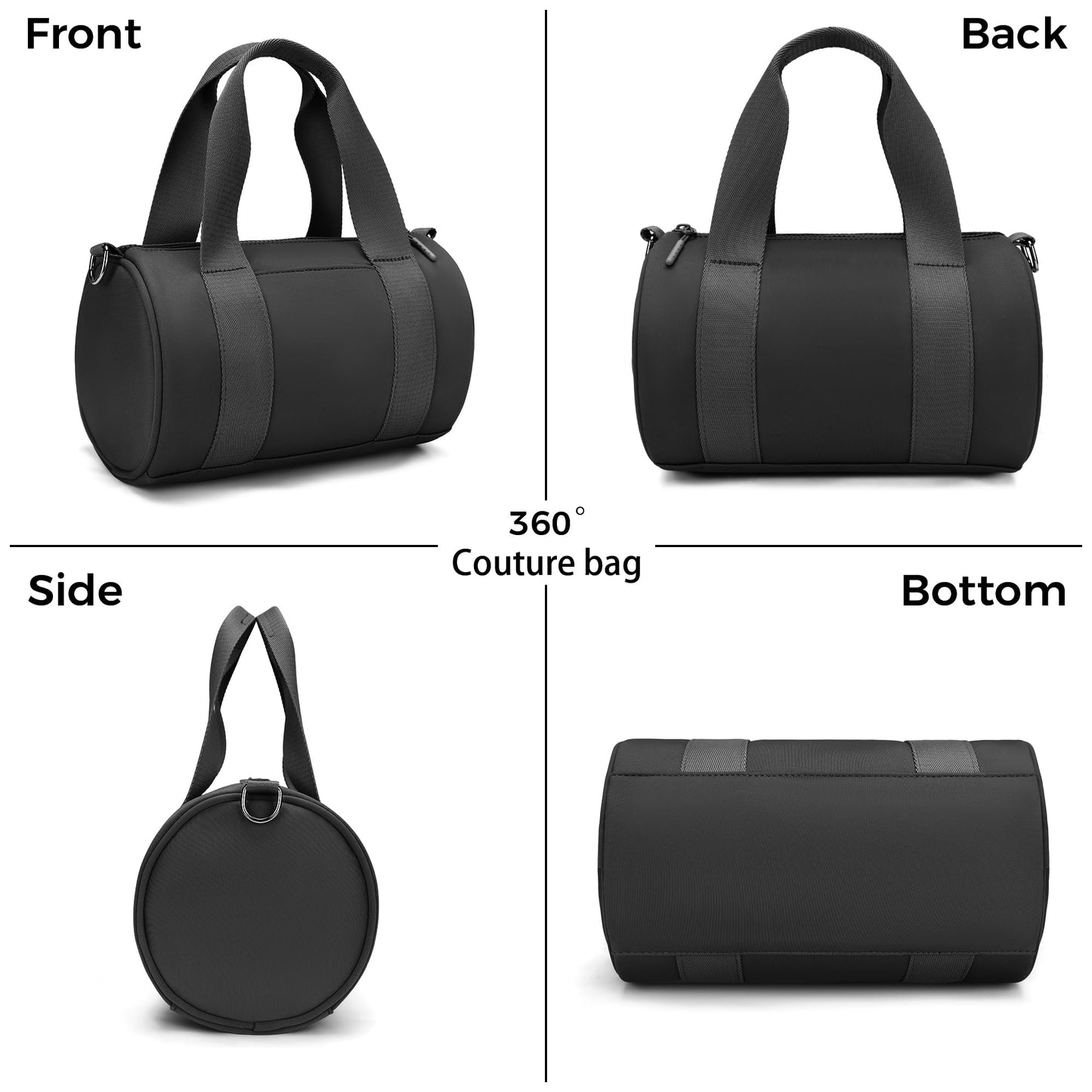 FODOKO mini Gym Bag for Women, barrel purse,Crossbody Duffel Bags Handbag from Gym to Travel (Black)