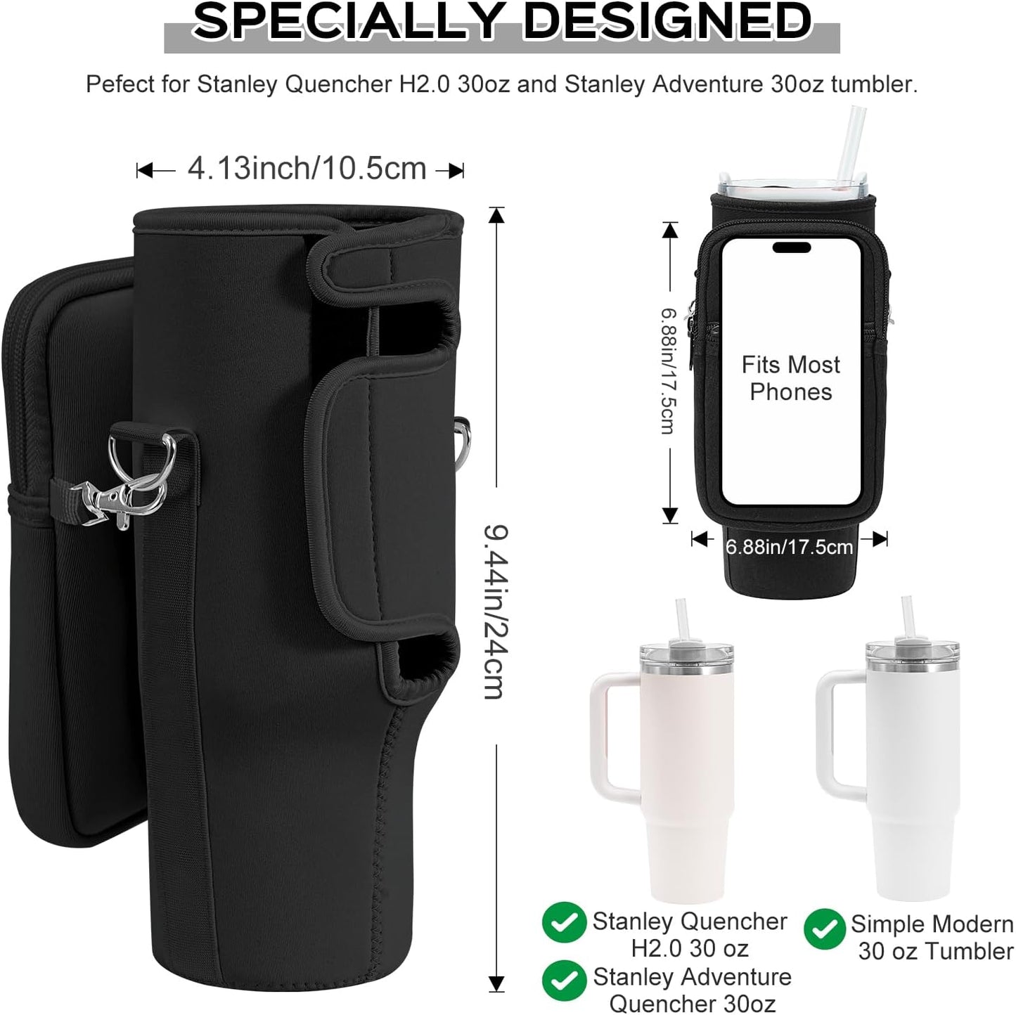 Stanley 30 oz Tumbler Carrier Bag - Neoprene Water Bottle Holder with Adjustable 4.9FT Strap | Convenient Pouch Included