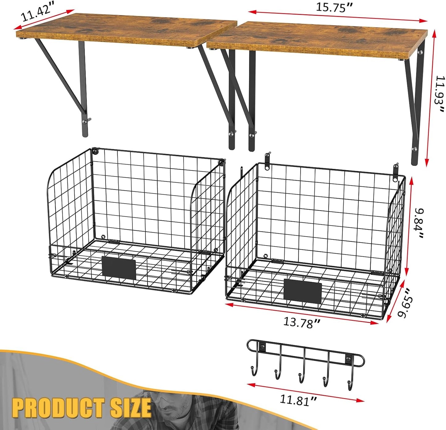 Heavy-Duty Wall-Mounted Garage Shelves with Wire Baskets & Hooks - 2 Pack Tool Organizer for Home & Garden Storage
