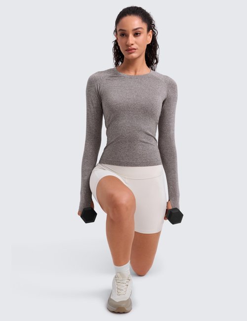 CRZ YOGA Seamless Long Sleeve Shirts for Women Waist Length - Workout Athletic Running Gym Yoga Tops Crewneck Breathable Hot Fudge Brown Heather Medium