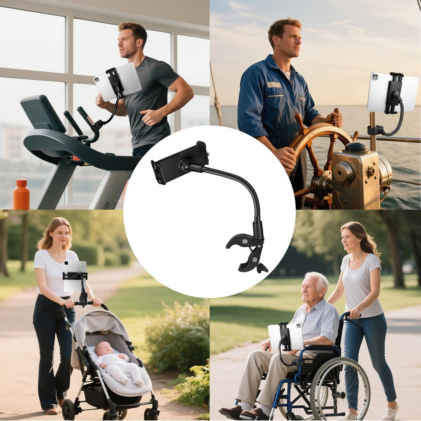 Urgown Golf Cart Tablet Phone Holder with Extended Arm, Steering Column-Mounted Tablet/Phone Mount, Length Adjustable/360° Rotatable, Universal Compatible with 4-13'' Devices, Round Clip