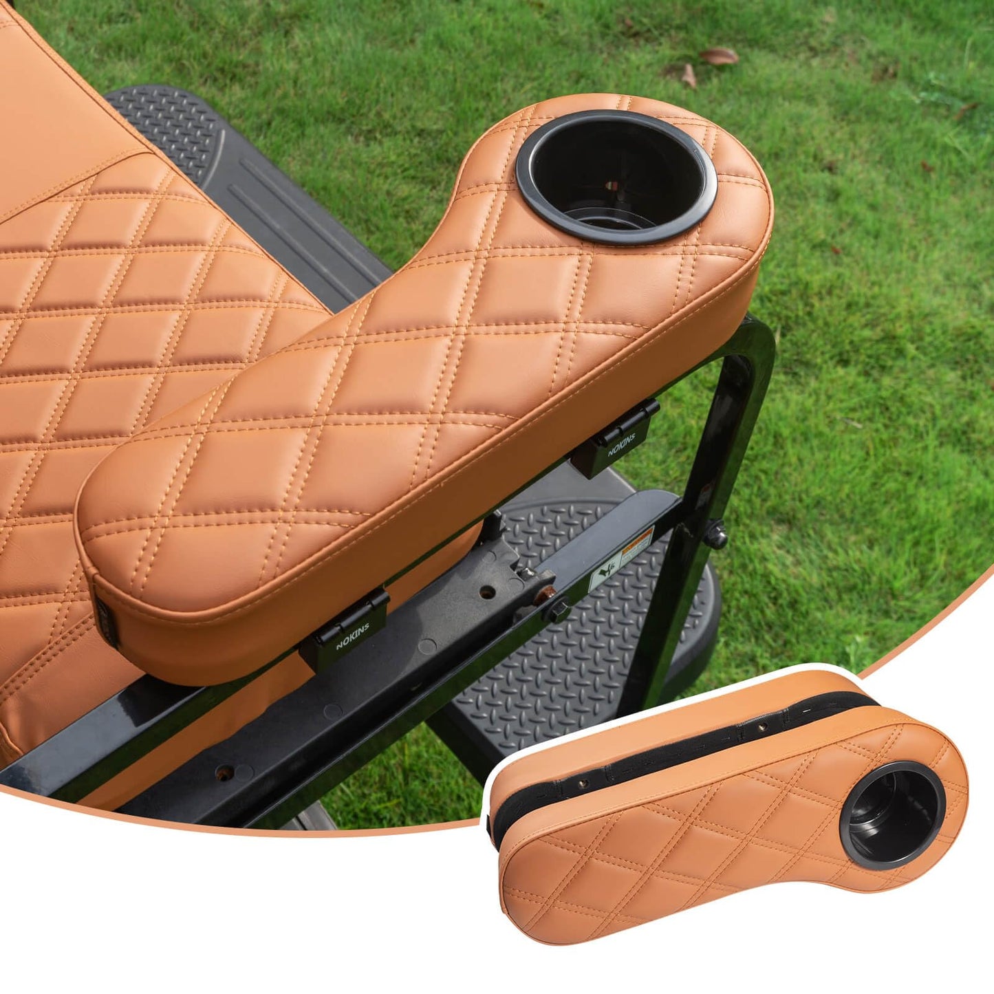 NOKINS Golf Cart Diamond Flip Armrest with Cup Holder, No Drilling Required, Golf Cart Folding Hinged Armrest, Inward Mount, for Club Car EzGo Yamaha Back Seat Kit (Diamond Brown)