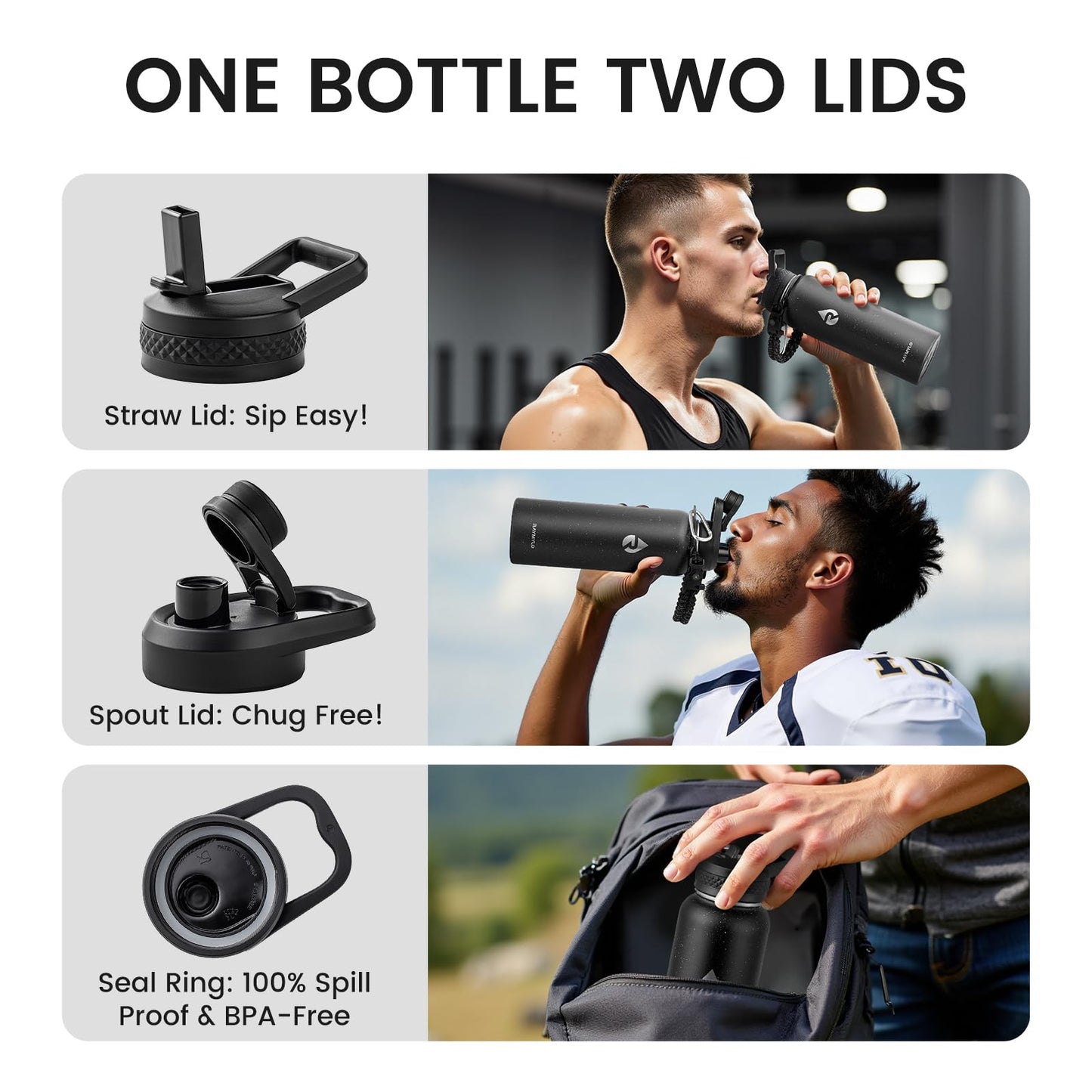 RAYMYLO Insulated Water Bottle 40 oz, Triple Wall Vacuum Stainless Steel (Cold for 36Hrs, Hot for 18Hrs), Leak Proof & Non-BPA, Modern Water Flask Jug with Paracord Handle & Straw Spout Lids