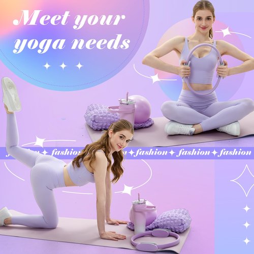 Poen 7 Pcs Pilates Essentials Kit for Women Home Workout Pilates Equipment Ring and Ball Set with 11.81 Inch Circle 9.84 Inch Yoga Ball Resistance Bands Cup Bag Socks for Beginners(Purple)