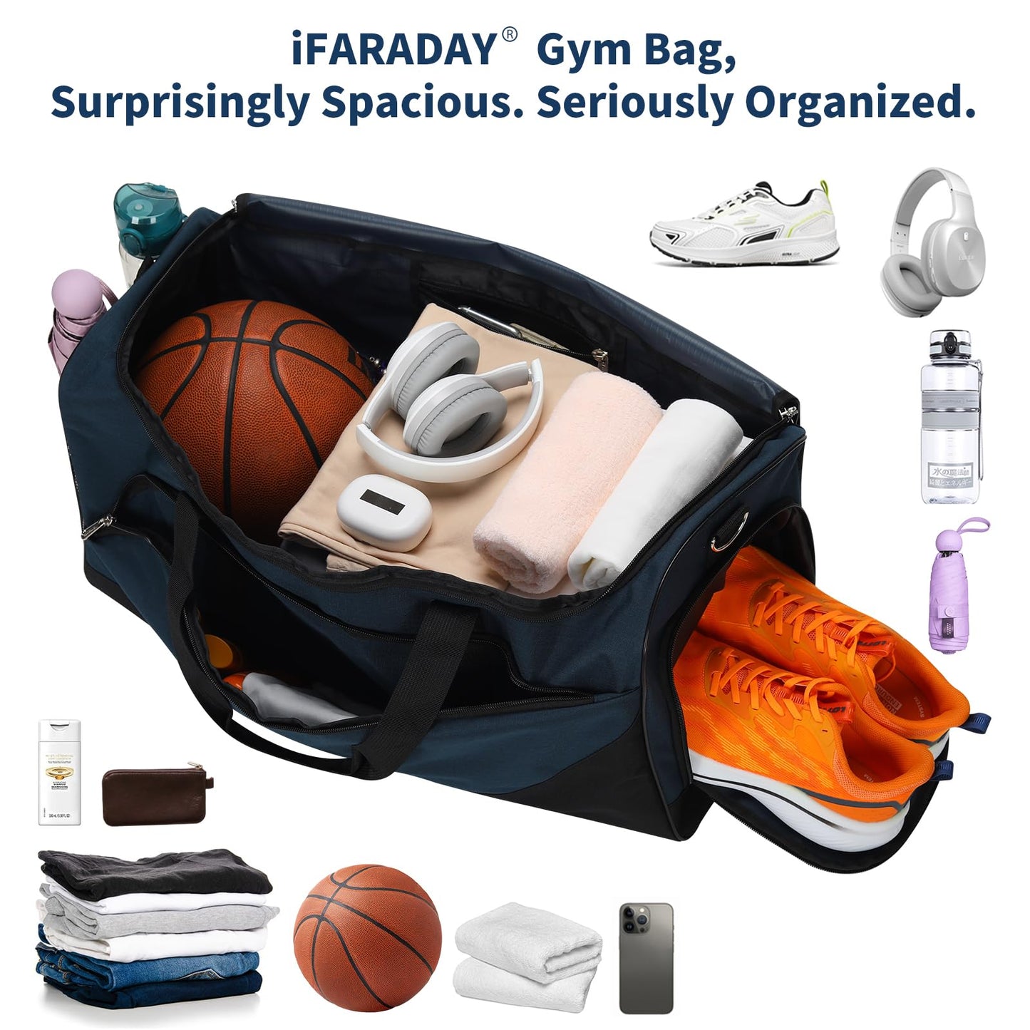 iFARADAY Men's Duffle Bag with Shoes Compartment, 24 inch, Navy Blue