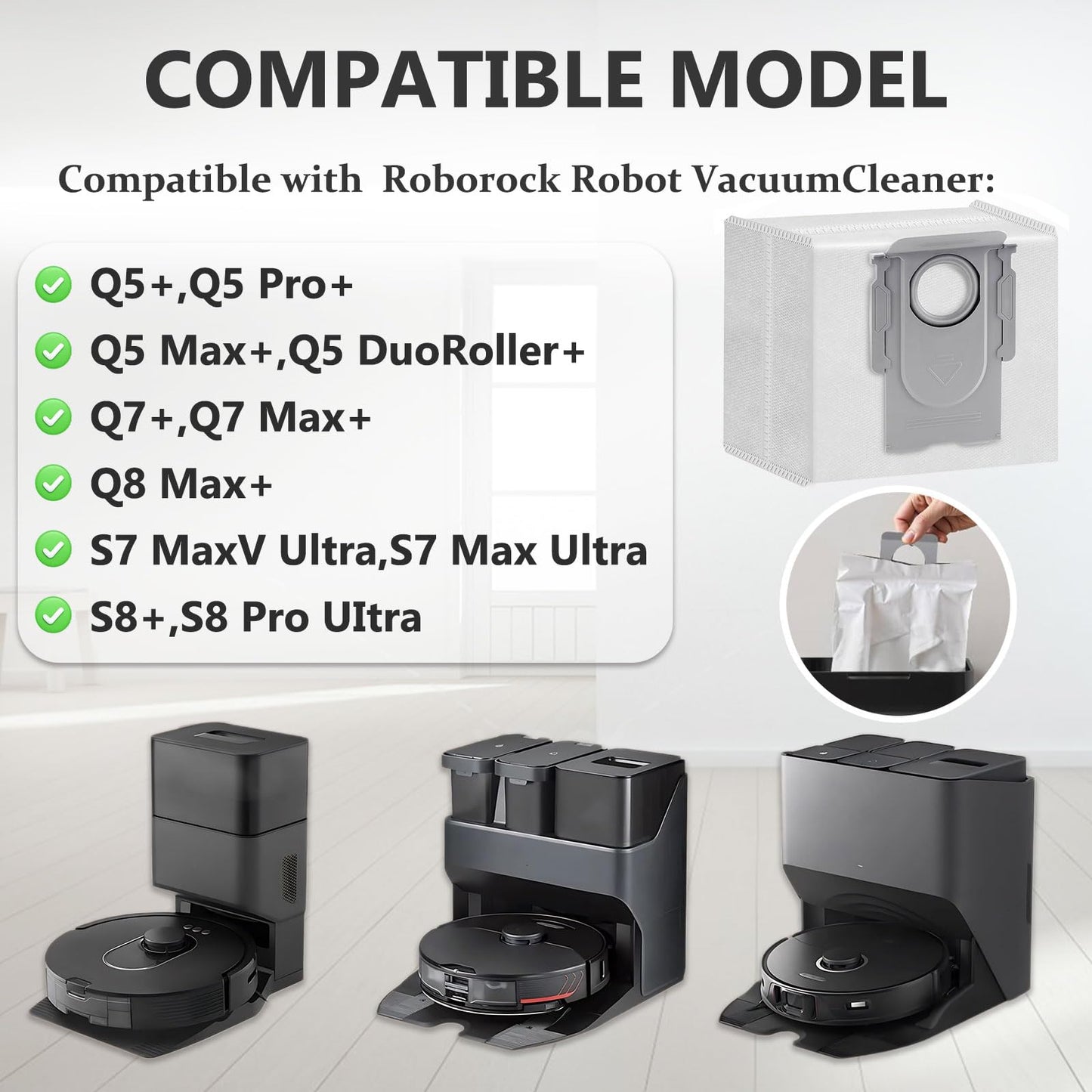 18 Pack Dust Bags Compatible with Roborock Q5 Q5+ Q5 Pro+, Q7 Q7+ Q7 Max+, Q8 Max+, Q10 S5+ X5+, S7 Pro Ultra, S7 MaxV Ultra, S8+ S8 Pro Ultra, 3L Replacement Vacuum Cleaner Bags