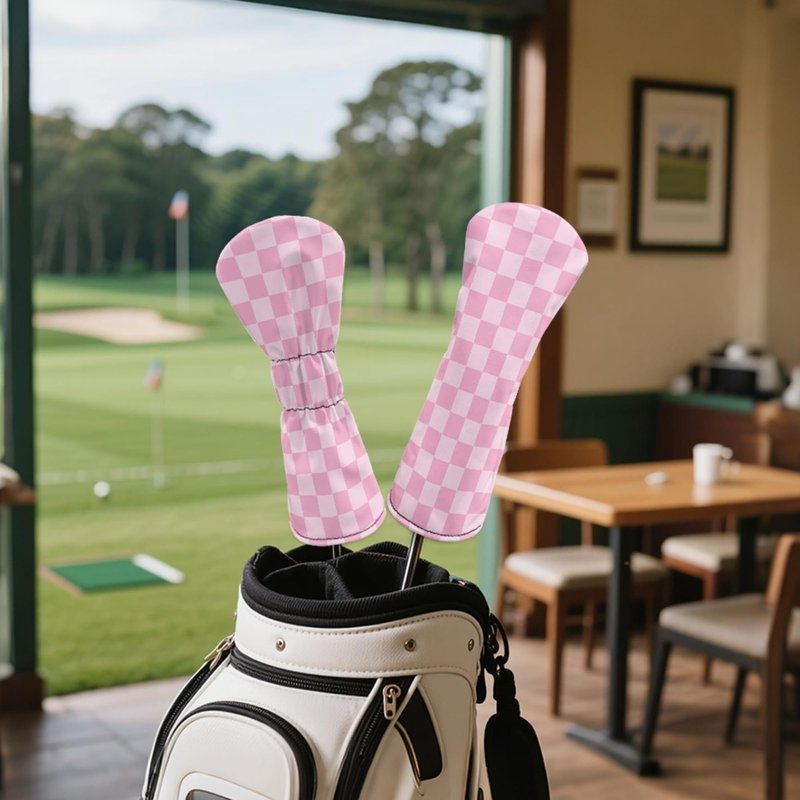Pink Checkered Golf Head Covers for Woods and Driver Fairway Hybrid Funny PU Leather Golf Club Head Covers for Women Men Golf Accessories for Halloween Christmas Birthday Present