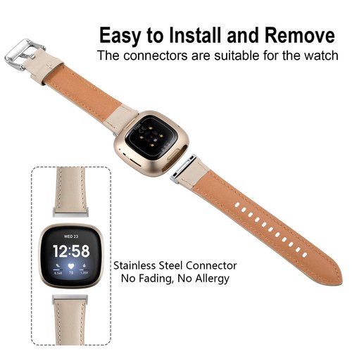 Maledan Leather Bands Compatible with Fitbit Versa 3/Fitbit Sense, Top Grain Genuine Thin Leather Replacement Accessories Wristband for Women Men, Beige