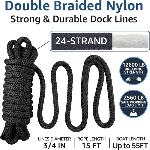 Marine Grade Dock Lines by [Brand Name] - 3/4" x 15' Double Braided Nylon Boat Rope - High Strength, Easy Handling, Fray Resistant - Black (2 Pack)