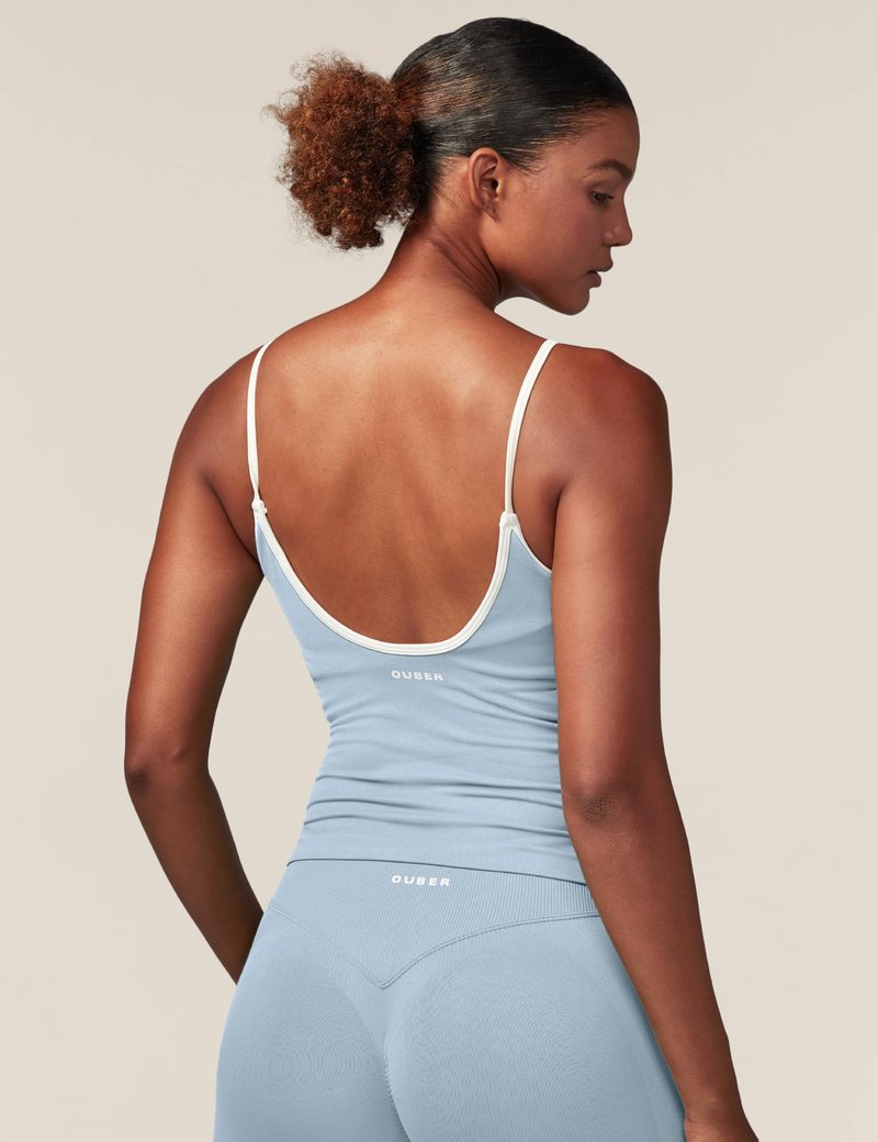 Ouber Women's Strappy Gym Tank Top with Padded Longline Sports Bra – Seamless Bodybuilding Fitness Top Baby Blue，L