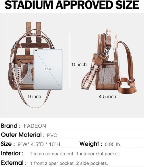 FADEON Clear Small Backpack Purse - Designer Transparent Shoulder Handbag | PVC Mini Bag for Stadium Use