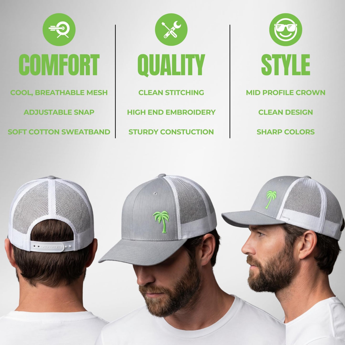 LINDO Trucker Hat [ Palm Tree - Heather White w/Green ]