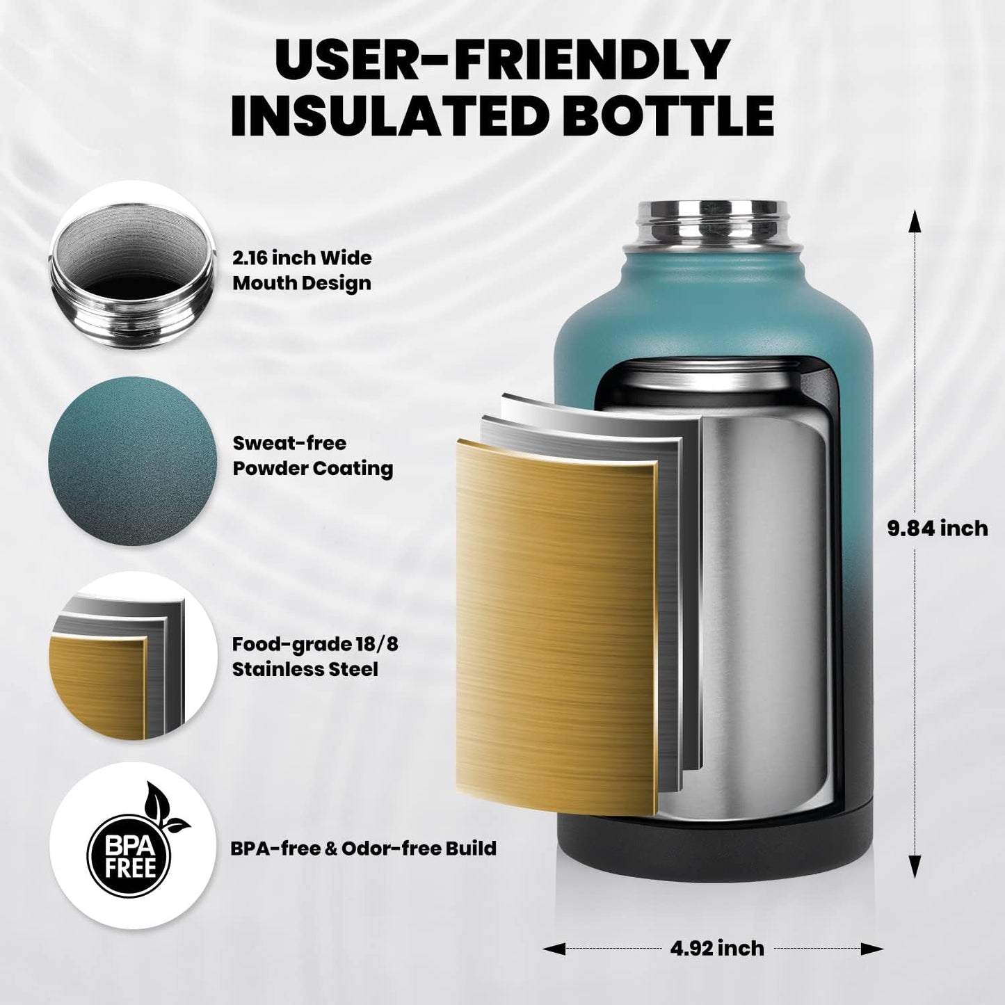 RAYMYLO Insulated Water Bottle - 64 oz Triple Wall Vacuum Stainless Steel | Keeps Drinks Cold for 48 Hrs