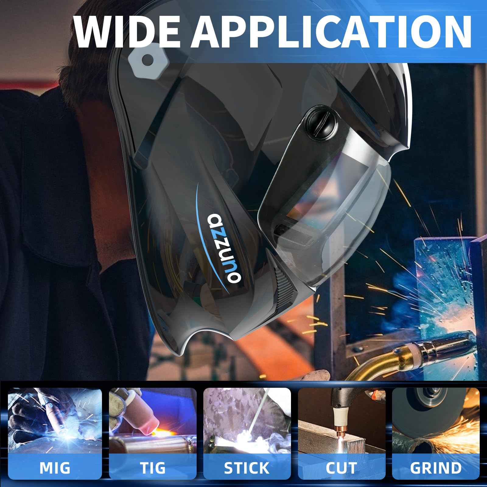 AZZUNO Auto Darkening Welding Helmet, 4.92"×2.76" True Color Large Viewing, Rechargeable & Solar Powered Welding Hood Mask with Unique Wide Shade Adjusting for TIG/MIG/Stick Weld/Cut/Grind