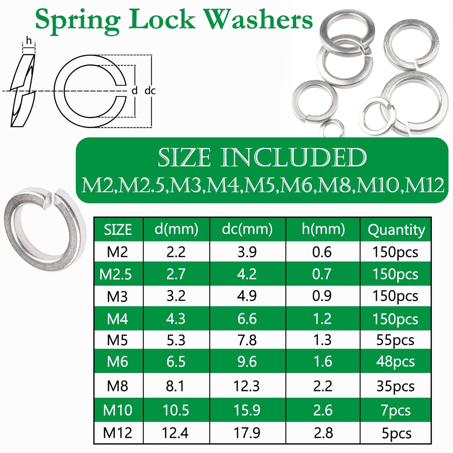 Aienxn 1000PCS Spring Lock Washers Assortment Kit, 9 Metric Sizes -M2, M2.5, M3, M4, M5, M6, M8, M10, M12, 304 Stainless Steel Washers for Bolts Screws, Split Lock Washer Set