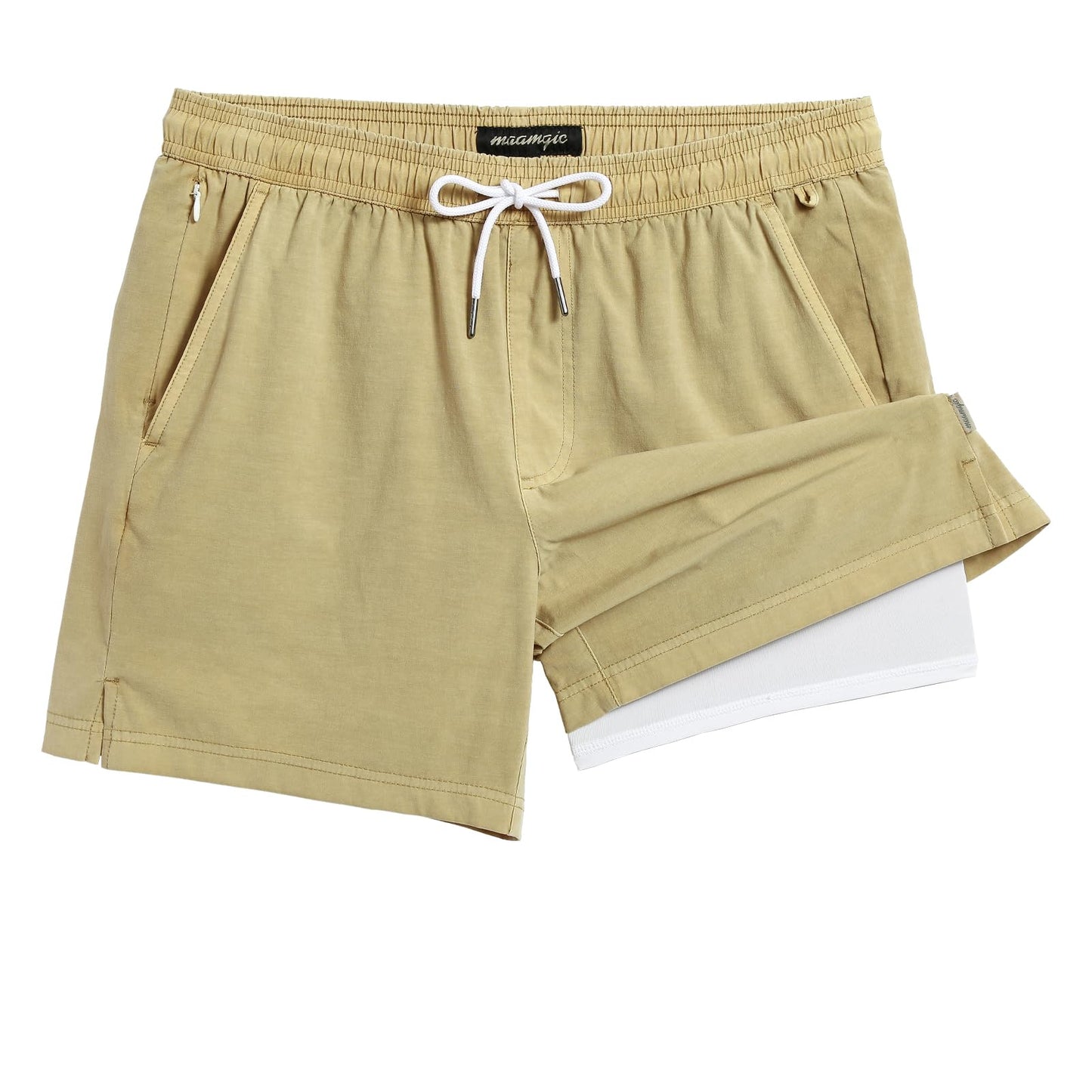 maamgic Men's Swim Trunks with Compression Liner 5.5 inch Beach Shorts Quick Dry Bathing Suits with Zipper Pocket Khaki Medium