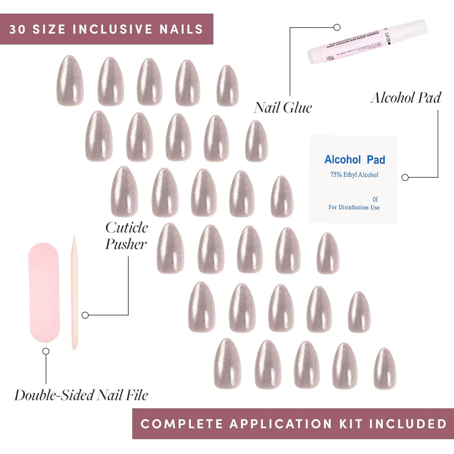 Glamnetic Press On Nails - Oslo | Short Almond Silver Shimmer Fake Nails with a Cat Eye Finish | 15 Sizes - 30 Nail Kit with Glue
