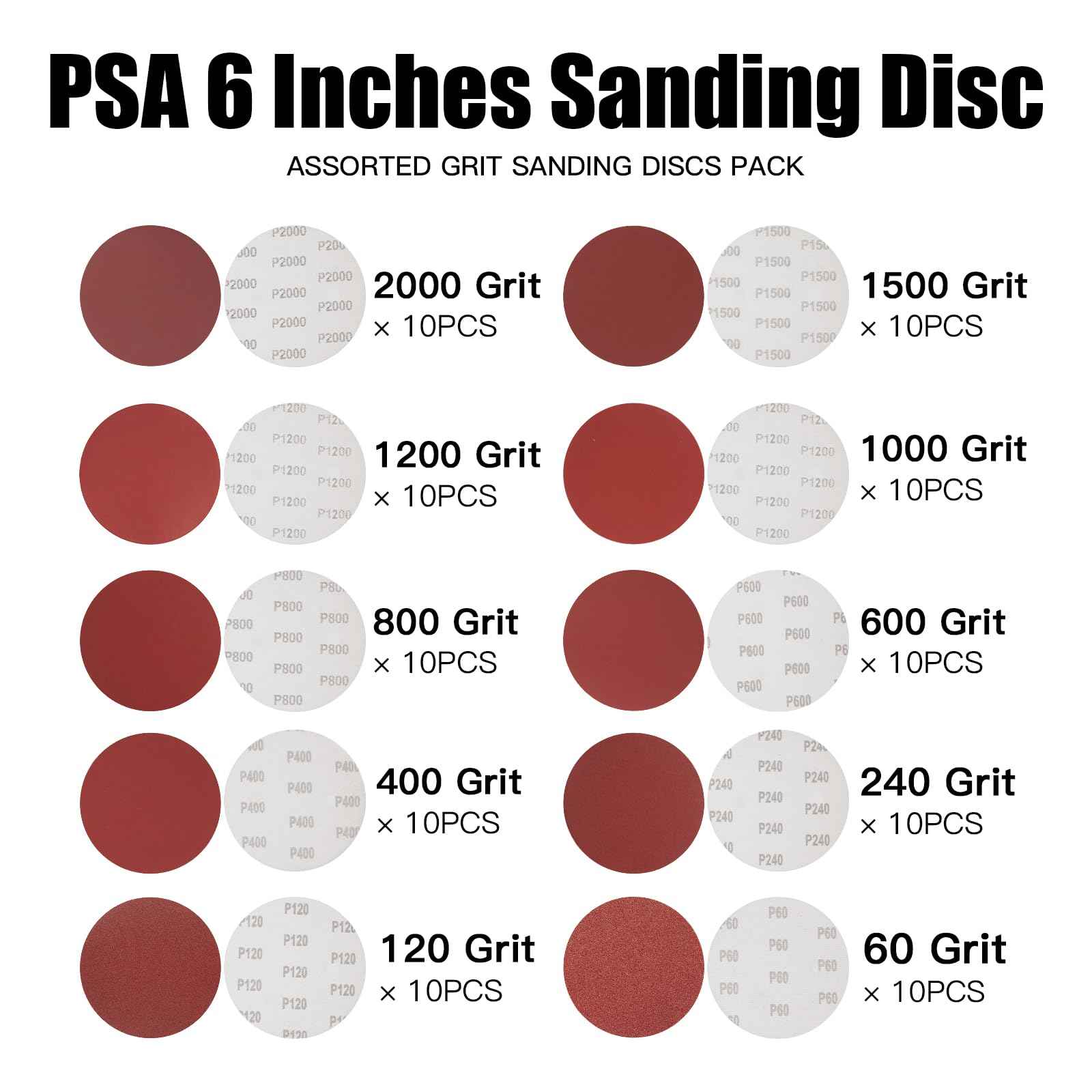 Tongbay 100 PCS 6-Inch PSA Sanding Discs, Self-Adhesive Sandpaper, 10 Grits (60-2000), Premium Aluminum Oxide, Sticky Back Sanding Discs for DA and Random Orbital Sanders, Woodworking, Metal