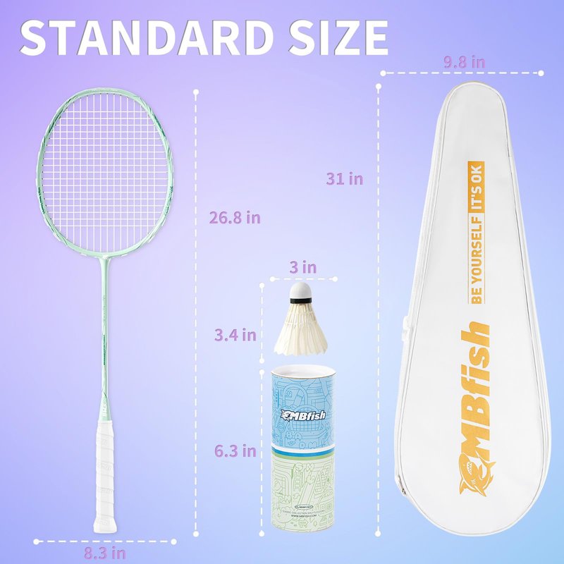 MBFISH Badminton Racket Set with 2 Carbon Fiber Racquets 5U, 3 Shuttlecocks, 2 Replacement Grip Tapes and 2 Carrying Bag - Perfect for Outdoor Games and Gym 5U (Florid+Green)