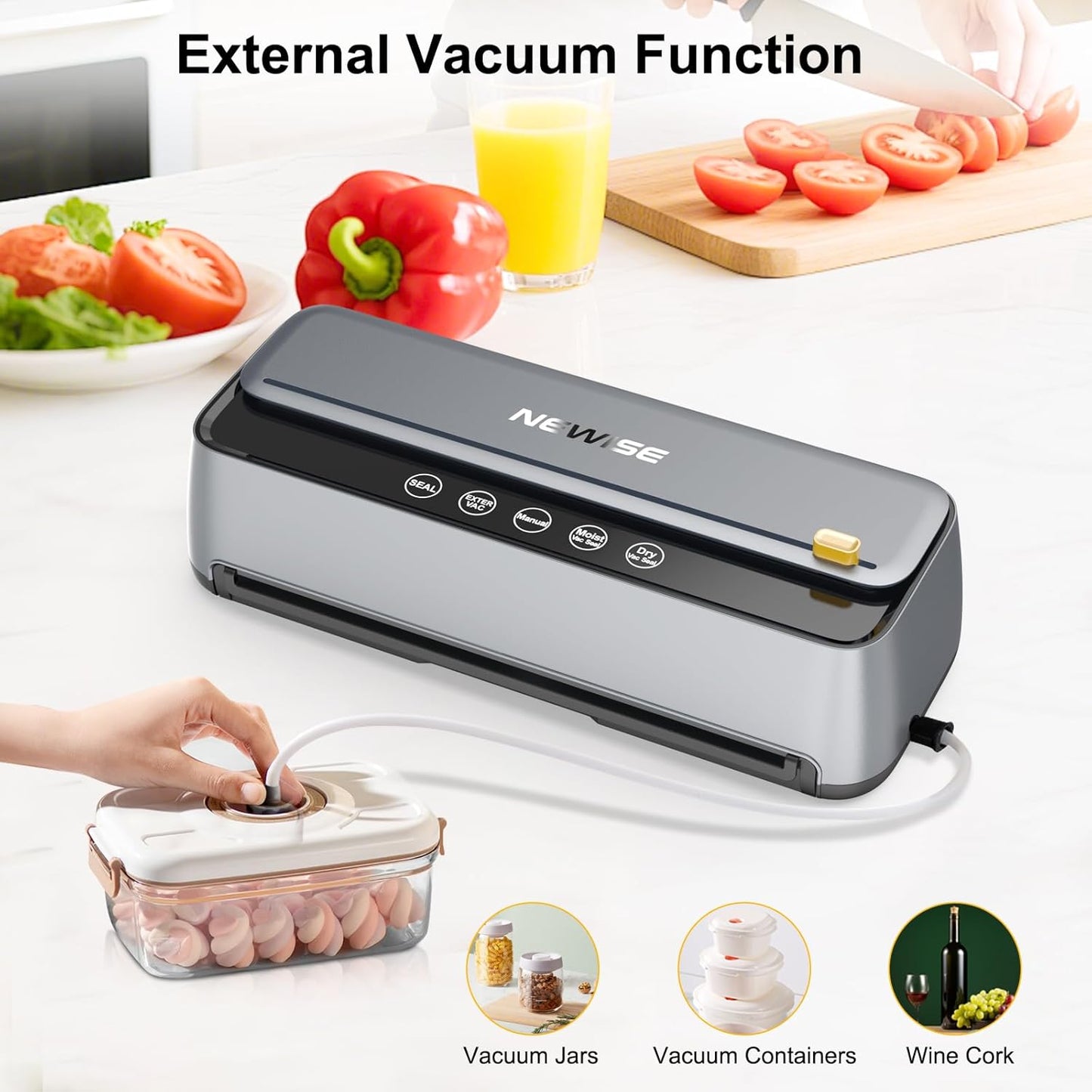 Newise Vacuum Sealer Machine - 85Kpa Powerful Food Preservation for Dry & Moist Items | Built-in Cutter & Self-Cleaning Mode