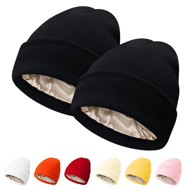 PFFY 2 Packs Womens Satin Lined Beanie Hat Silk Lining Winter Hats Beanies for Women Soft Slouchy Beanie Skull Cap Black+Black