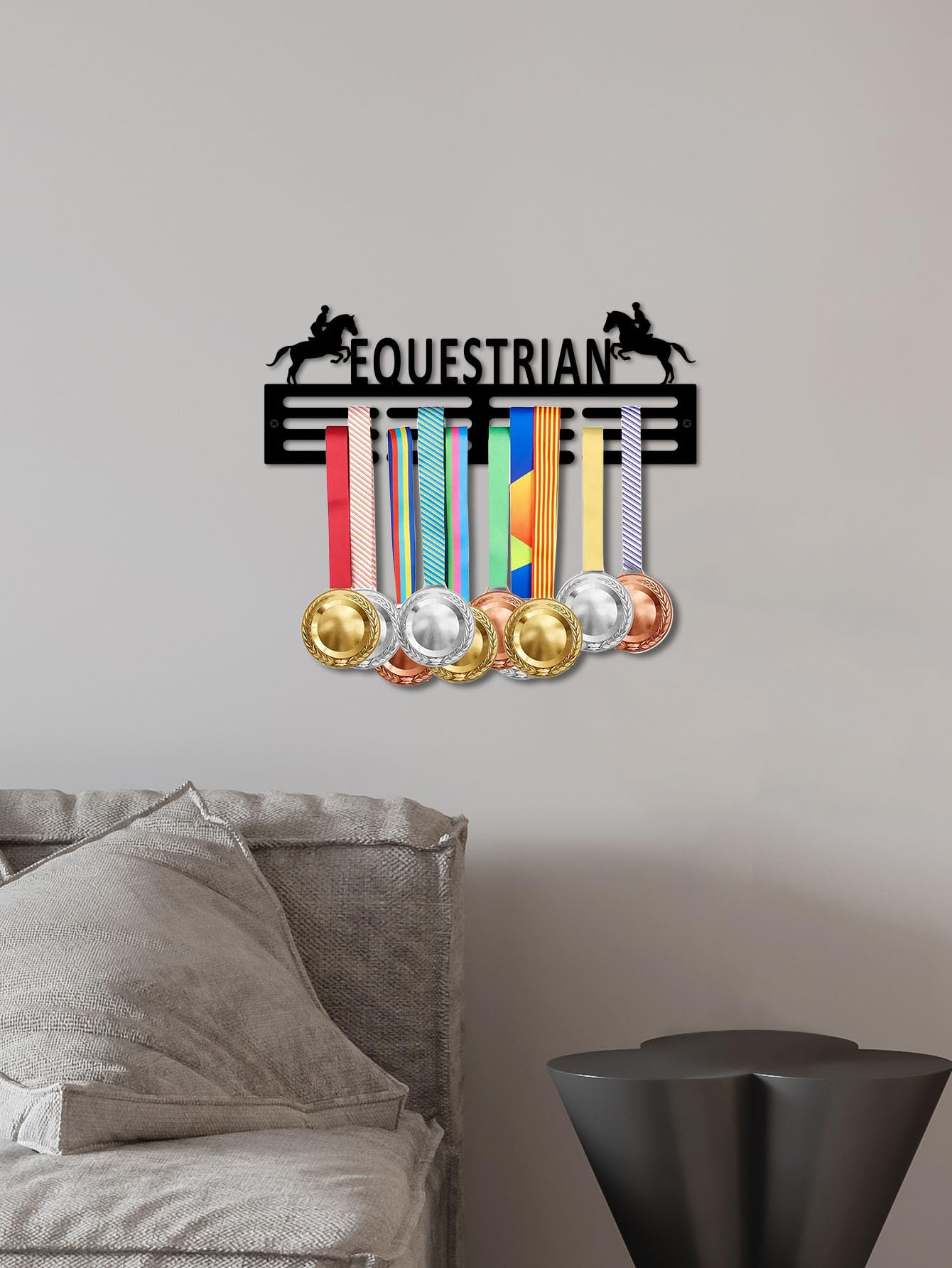 Resama Equestrian Horse Rider Metal Medal Hanger Rack, Black Iron Equestrian Silhouette Sports Award Medal Display Holder, Wall Mount Medal Organizer for Horse Equestrian Barn Farm Home Decor Gifts