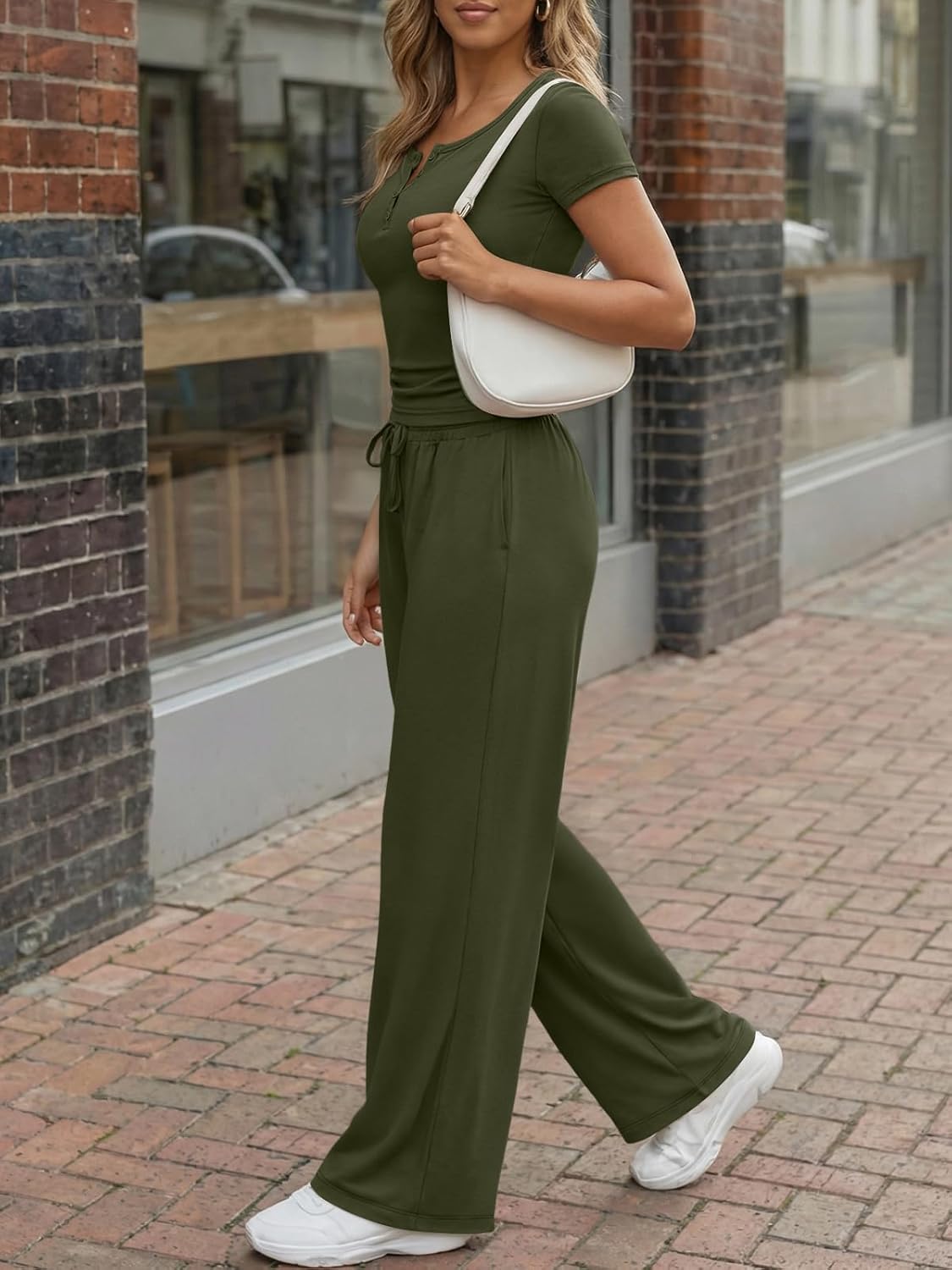 Trendy Queen Women's 2-Piece Lounge Set - Summer Henley Crop Top & Wide Leg Pants | Casual Comfort
