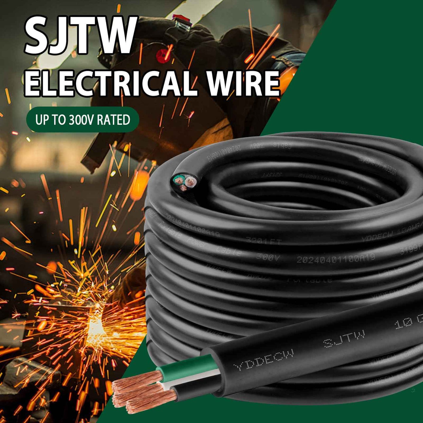 YDDECW 50ft 10/3 10 AWG SJTW 300V Wire (3 Conductor) - 10 Gauge SJTW Cable with UV-Resistant Jacket for Motor Leads, Battery Chargers and Machine - 3 Conductor - 50 Feet Electrical Wire