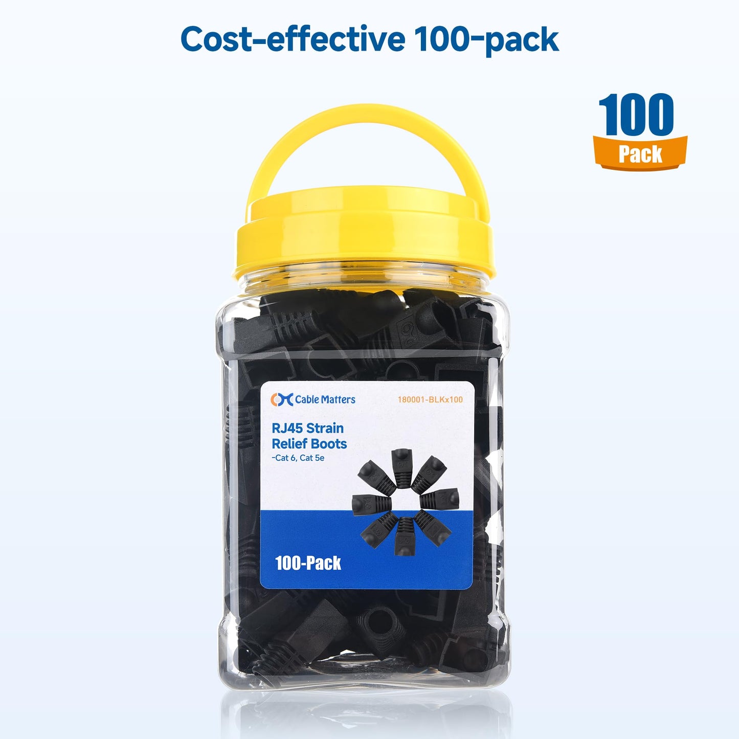 Cable Matters 100-Pack Cat6 / Cat5e RJ45 Strain Relief Boots, RJ45 Boot, Cat 6 Boot, Cat6 Ethernet Boots, Black, Suitable for 6.5mm (0.25in) Ethernet Cables