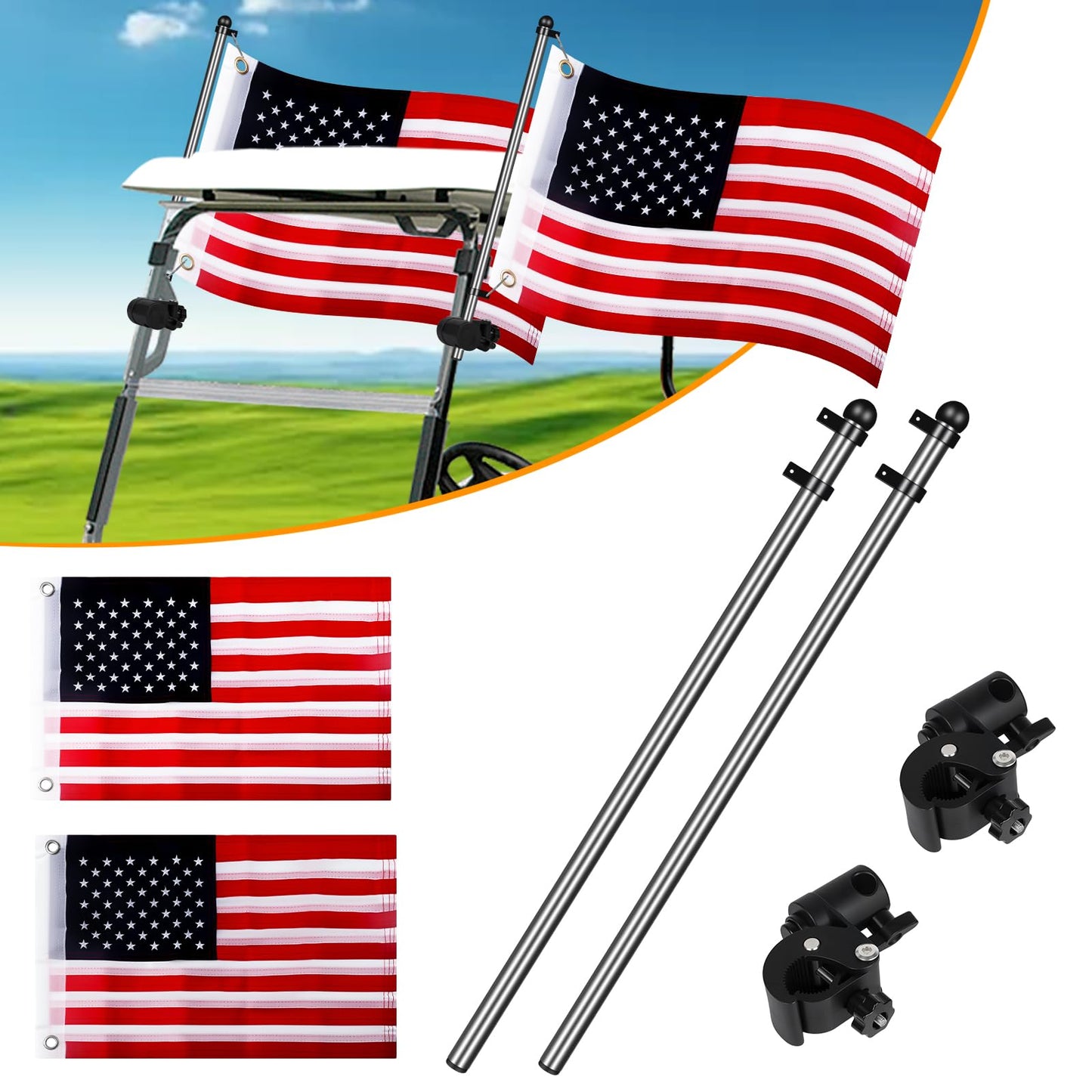 2Pcs Golf Cart Flag Pole Kit, 360° Adjustable Golf Cart Flag Holder, Universal Fit for Golf Cart/Boat/ATV/UTV, Stainless Steel Flag Pole with USA Flag (12"×18"), for 0.59"-1.25" Round/Square Rail