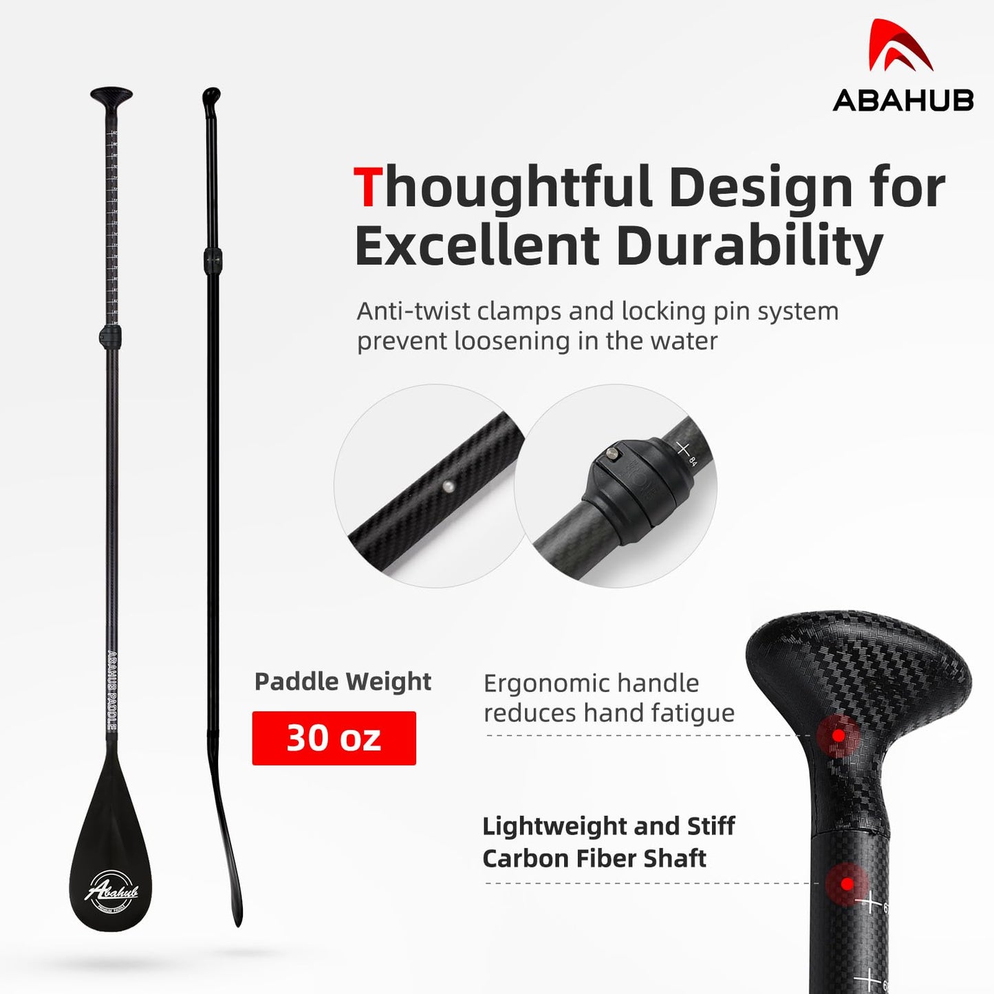 Abahub Carbon SUP Paddles, 1 x 3 Section Adjustable 67" - 86" Carbon Fiber Shaft, Lightweight Stand-up Paddle Oars for Paddleboard, Black Print Plastic Blade + Paddle Bag