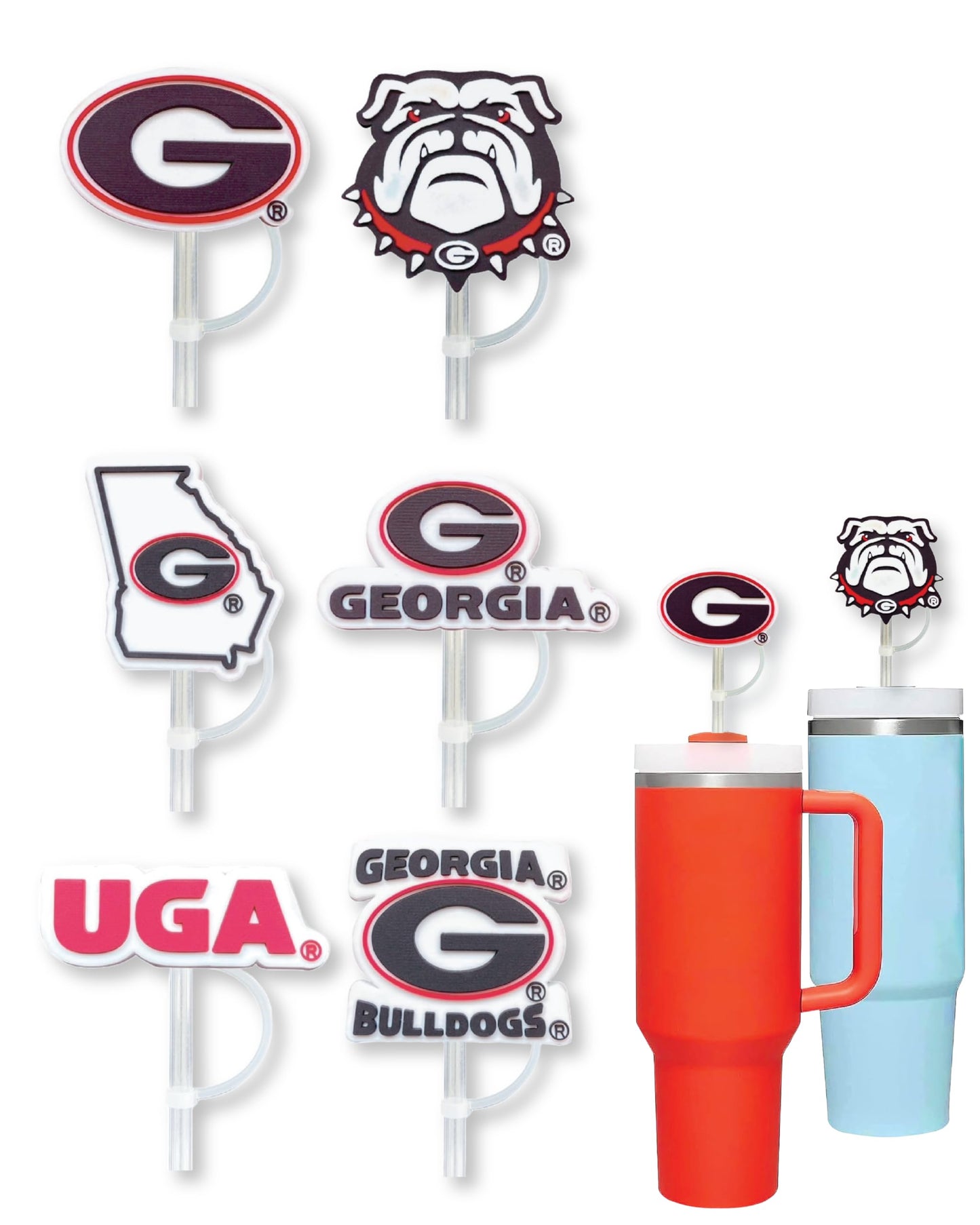 6 Georgia Bulldogs Straw Covers (10 millimeter) UGA Football Fan Merchandise Fits Large 40 oz Stanley Size Water Bottles (10 mm) (Georgia Bulldogs)