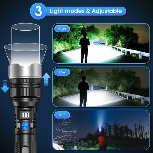 JMNGSHU Flashlight with 10000 Lumens, Type-C Fast Charging & 16-Hour Runtime, 3 Modes, Telescopic Zoom, Waterproof, Compact Handheld Flashlight for Camping, Hiking, Hurricane Prep