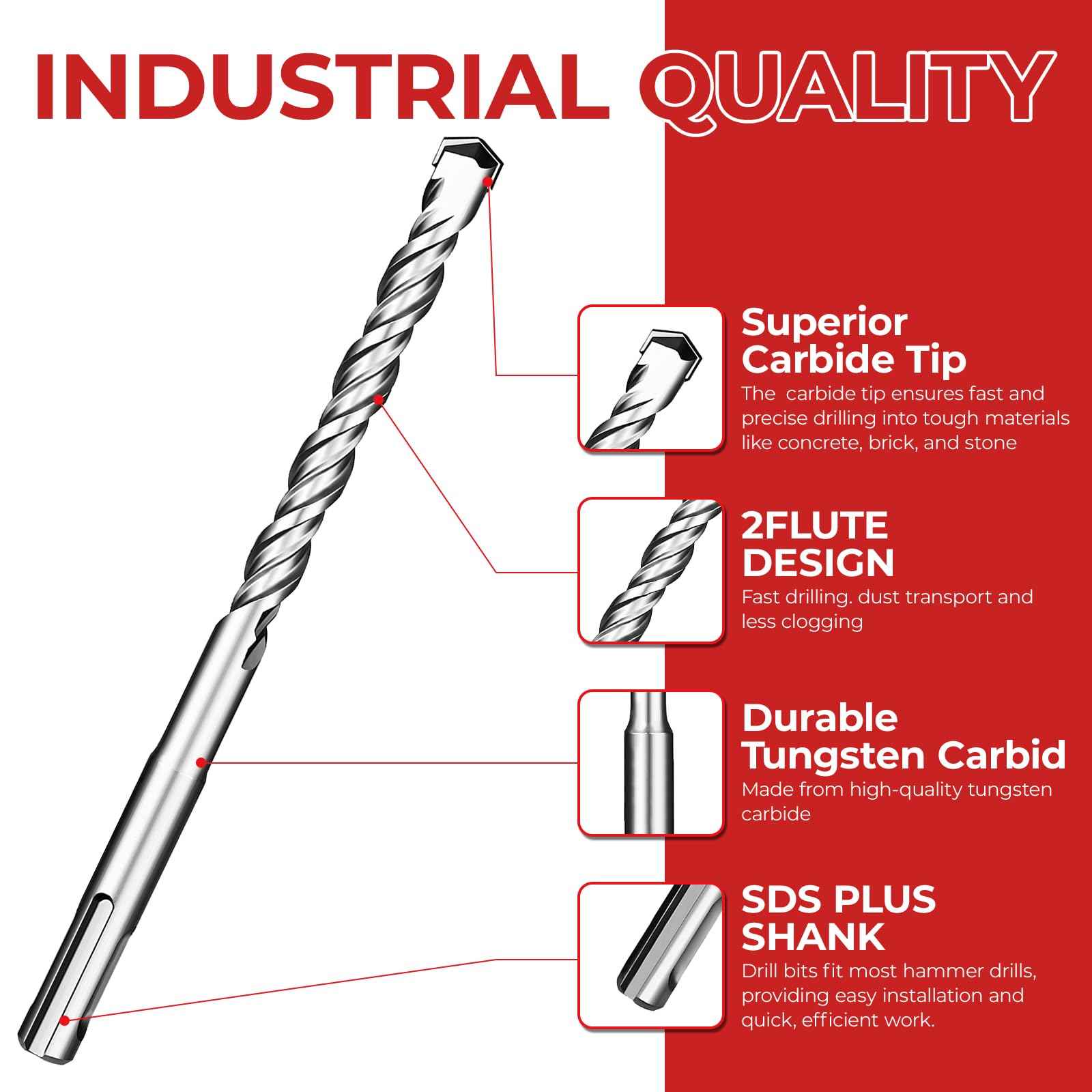 Keewaki SDS Plus Rotary Hammer Drill Bit Set - 10-Piece Includes 5/32" to 1/2" Sizes Concrete Masonry Drill Bits for Brick, Cement & Stone - Durable Alloy Tip, Fast Drilling