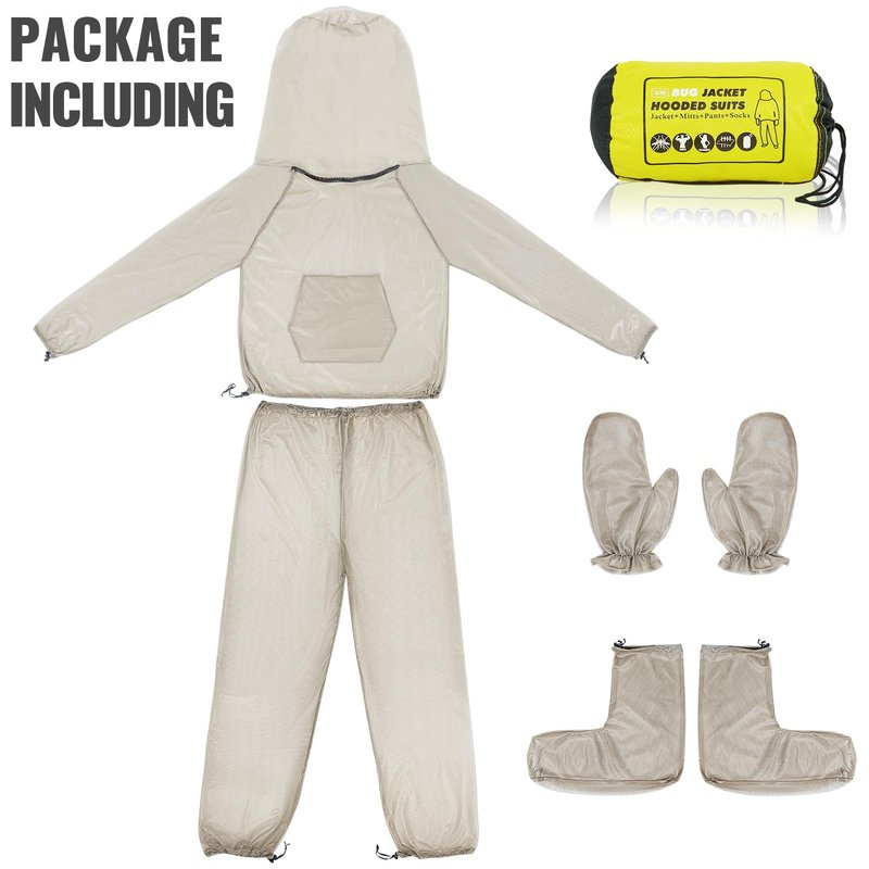 Mosquito Bug Suit for Men Women, 4 Pcs Full Body Mosquito Net Suit Including Mosquito Jacket with Hood, Pants, Gloves, Socks Breathable Mesh Mosquito Proof Clothing for Fishing, Hiking, Gardening