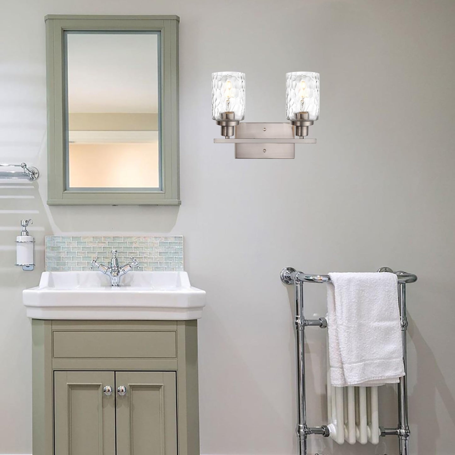 MELUCEE Indoor Wall Sconces Brushed Nickel with Clear Hammered Glass, 2-Light Modern Bathroom Vanity Light Wall Mount Lamp for Mirror Cabinets Powder Room Dressing Table (Patent No.: US D963914 S)