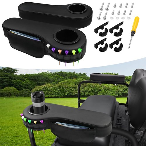 iLSKW Golf Cart Rear Armrest with Cup Holder, No Drilling Required Golf Cart Armrest for Round Tube Armrest 1 1/4 Size, Fits Advanced EV Golf Cart Rear Seat Round Frame 1 1/4"