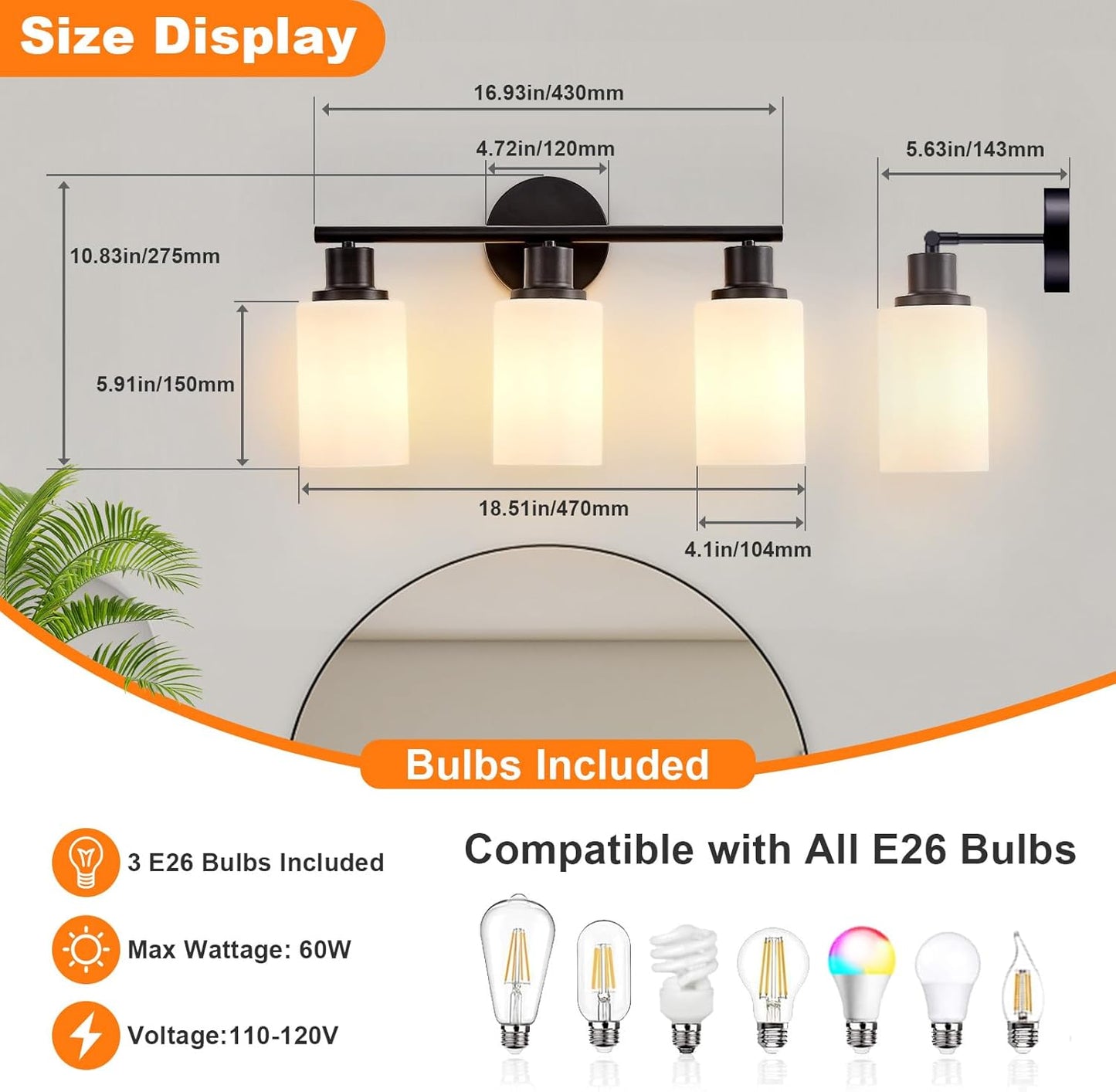 Modern Black 3-Light Bathroom Vanity Light Fixtures with Clear Glass Shades - 2 Pack