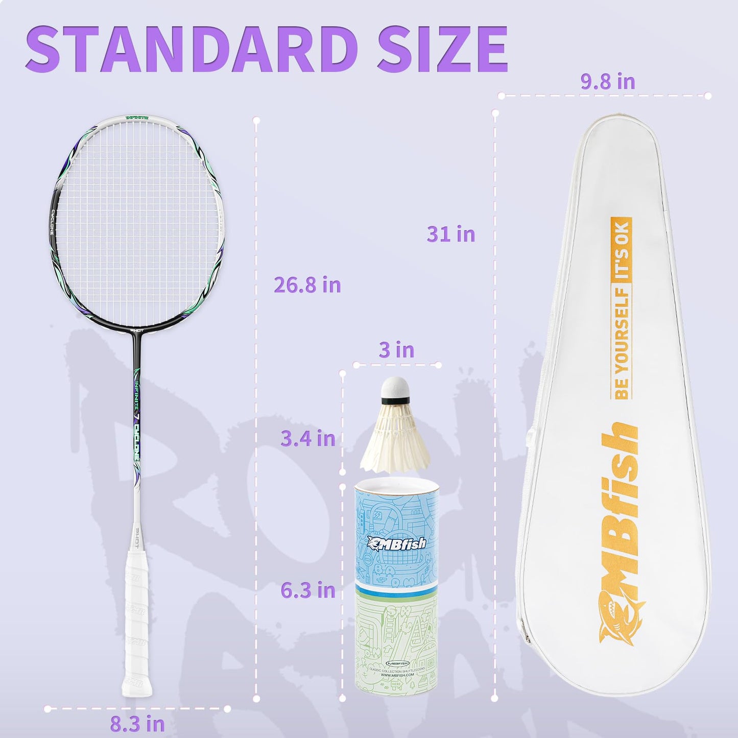 MBFISH Badminton Racket Set, Equipped with 1 Carbon Fiber Badminton Racket, 3 Shuttlecocks, 2 Replacement Grips, and 1 Badminton Bag - PHOT Series Perfect for Outdoor Sports 5U Sound Velocity 1P