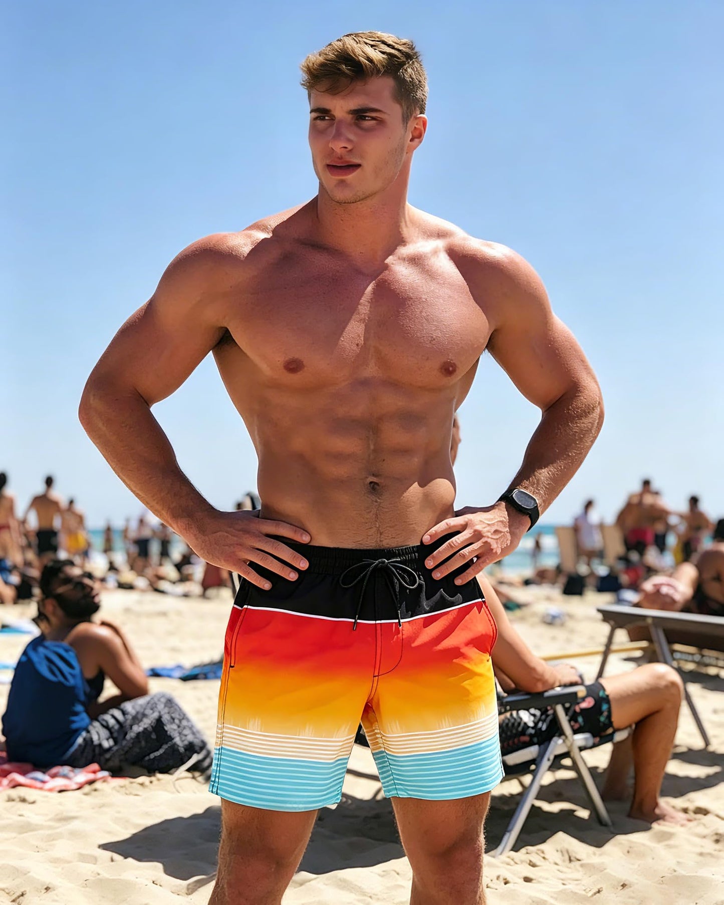 SURF CUZ Mens Swim Trunks with Compression Liner Quick Dry Swim Shorts 7" Swimming Trunks Stretch Zipper Pockets,Sea Level,S