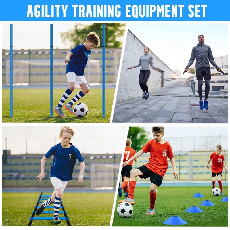 YGORTECH Soccer Agility Training Equipment, Includes 20ft Agility Ladder, 6 Adjustable Agility Poles, 10 Disc Cones, Jump Rope-Speed Training Set for Soccer Football Basketball Athletes Blue