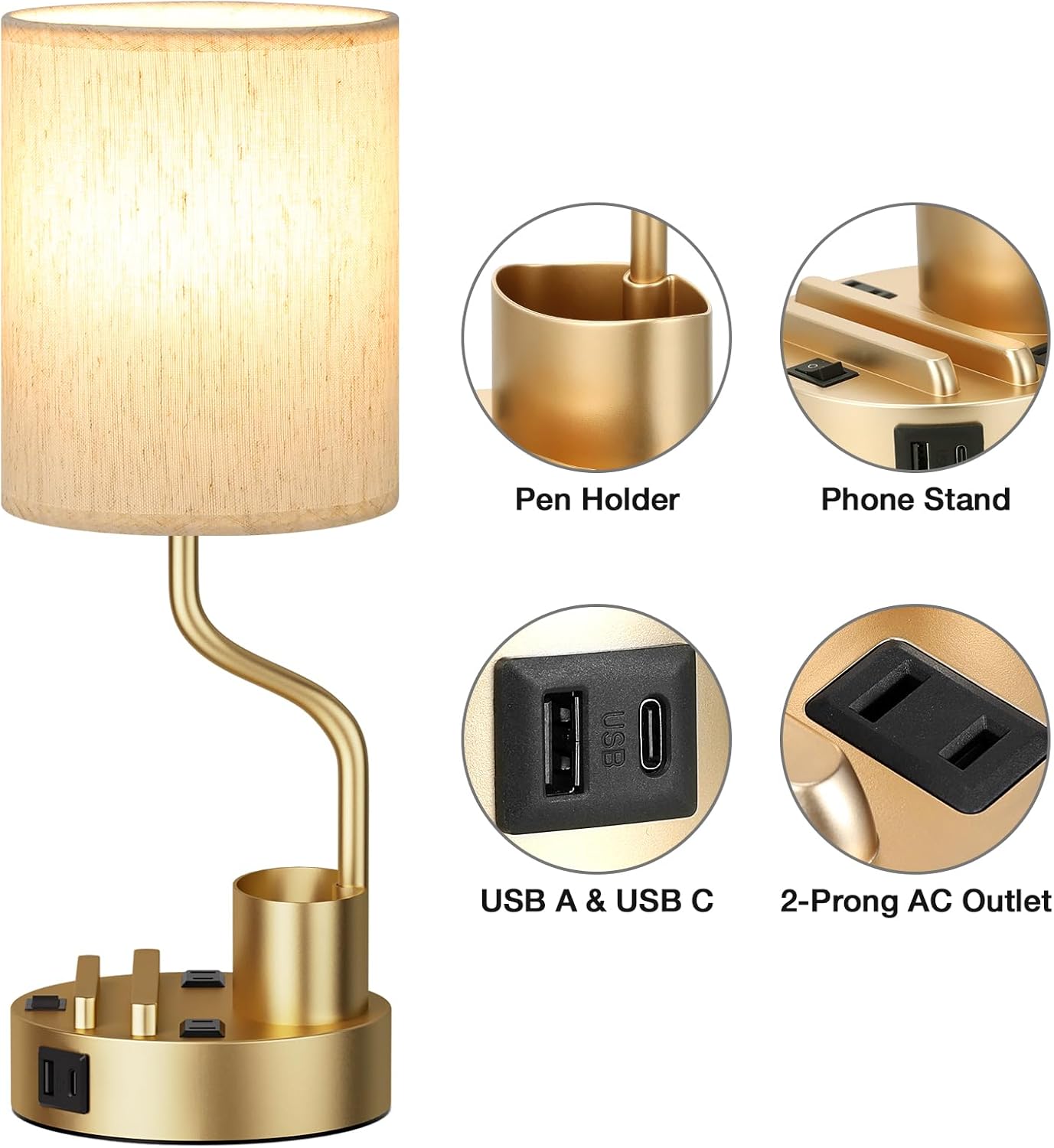 Set of 2 Bedside Table Lamps with USB & AC Outlet - 3 Color Temperatures, Desk Light & Phone Stand for Bedroom, Living Room, Office