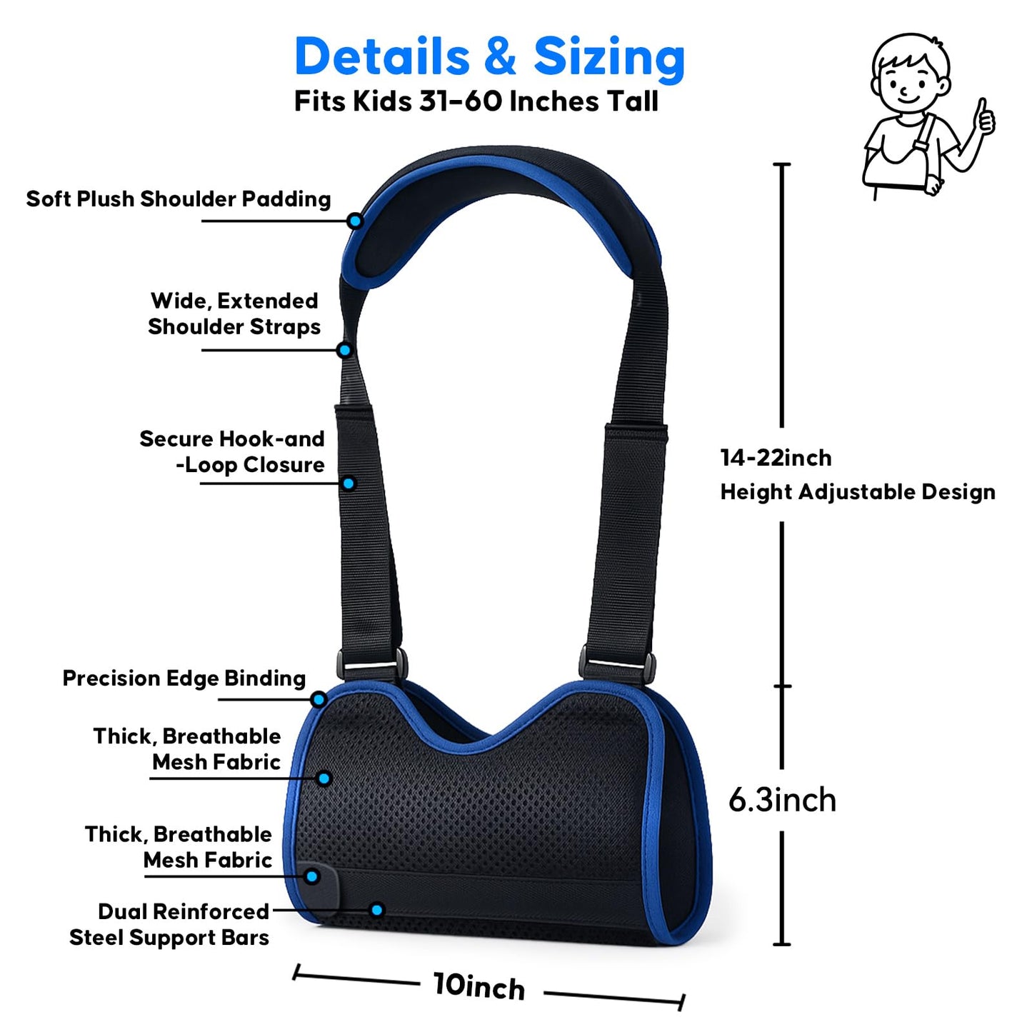 FELICITDR Child Arm Sling: Dual Steel Plate Support for Enhanced Stability & Safety, Breathable Mesh & Soft Sponge Lining, Skin-Friendly, Ergonomic Design for Kids, Prevents Circulation Issues