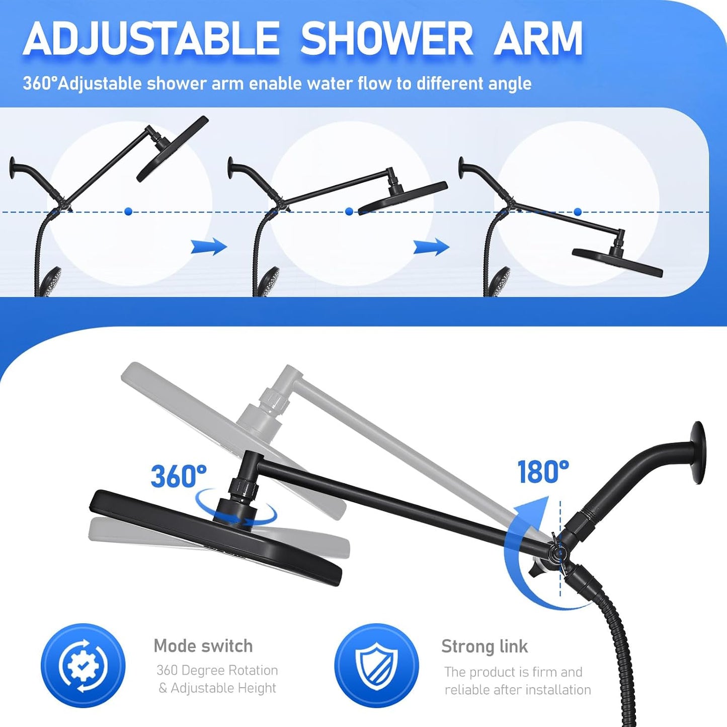 High Pressure 5-Mode Wide Rain Shower Head Combo with Handheld & Extension Arm - Black