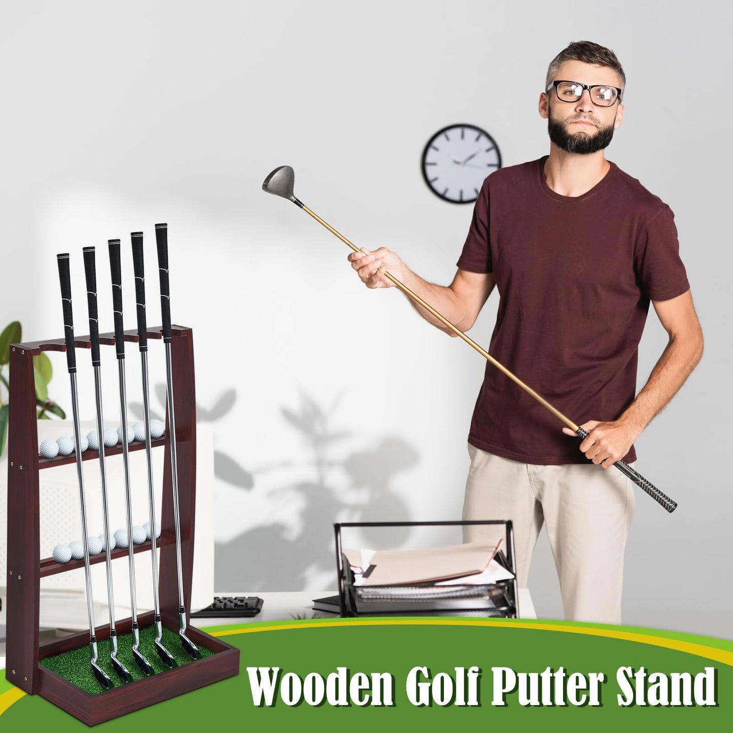 Lenwen Golf Putter Stand Wooden Display Rack Golf Club Holder Stand Floor Display Rack Club Organizer for Storage Sports Indoor Home Office Simulator(Hold 6 Clubs 16 Balls Storage,Fresh,Brown)