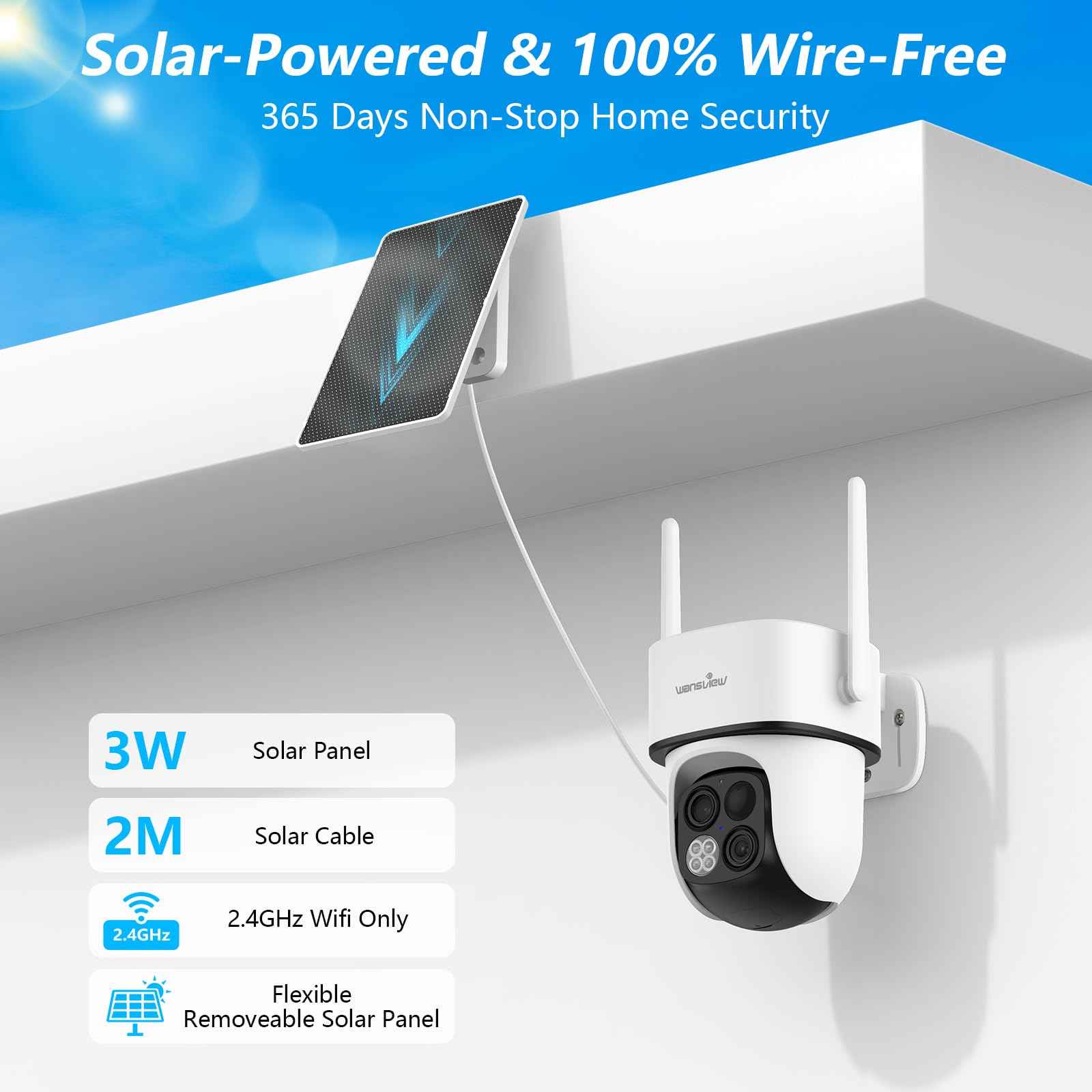 wansview Solar Camera Outdoor Wireless-2K 360°PTZ Cameras for Home Security with Dual Lens, Solar Panel/Battery Powered, PIR Detection, Color Night Vision, 2.4Ghz Wi-Fi Only, Works with Alexa, B7 1P W