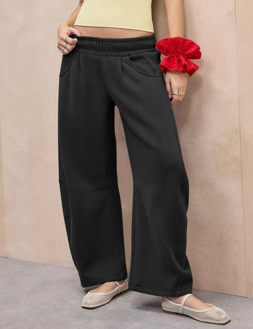 FACDIBY Women's Barrel Sweatpants Fleece Lined Wide Leg Baggy Sweat Pants Interior Drawstring Athletic High Waisted Lounge Sweats with Pockets Black M
