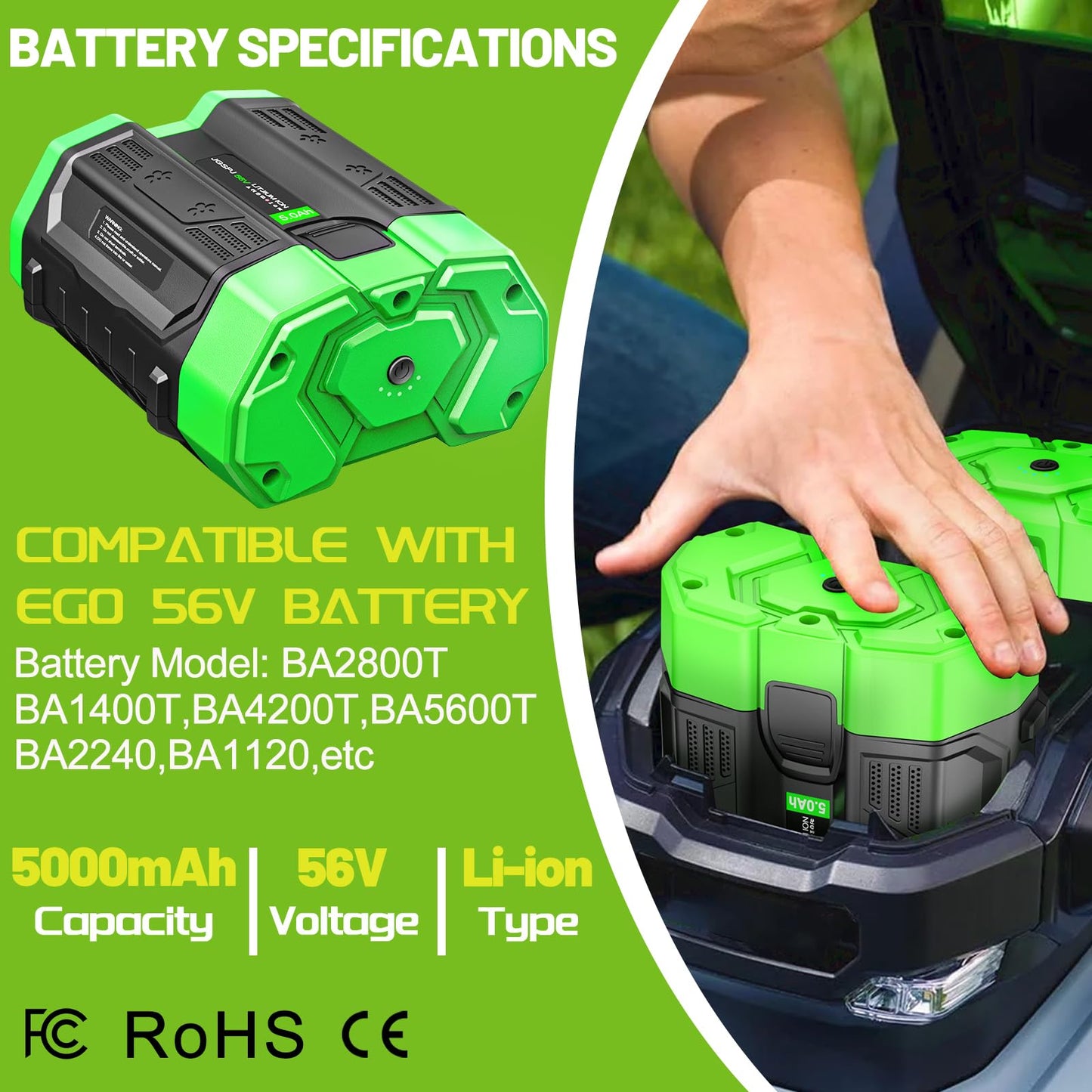 JGSPJ Replacement for EGO 56V Battery 5.0Ah BA2800 BA4200T BA4200 BA1400 BA5600T 56Volt Lithium Ion Batteries