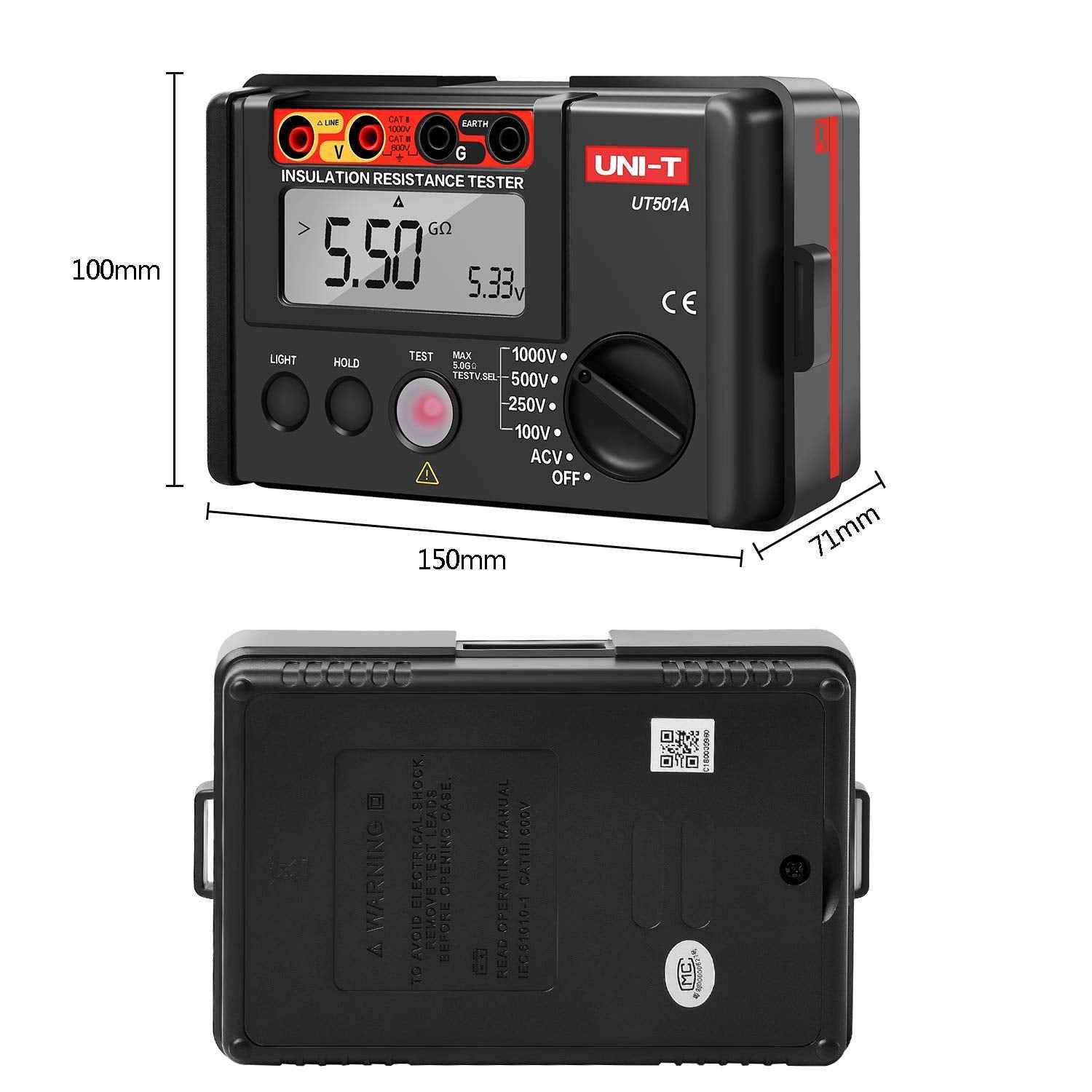 Megohmmeter, UNI-T Insulation Tester 1000v, Will Accurately Measure Insulation Values up to 1000 Megohms at 750 Volts, Electrical Tester 0-5G Ohm Meter, 2000 Counts LCD Display with Backlight UT501A